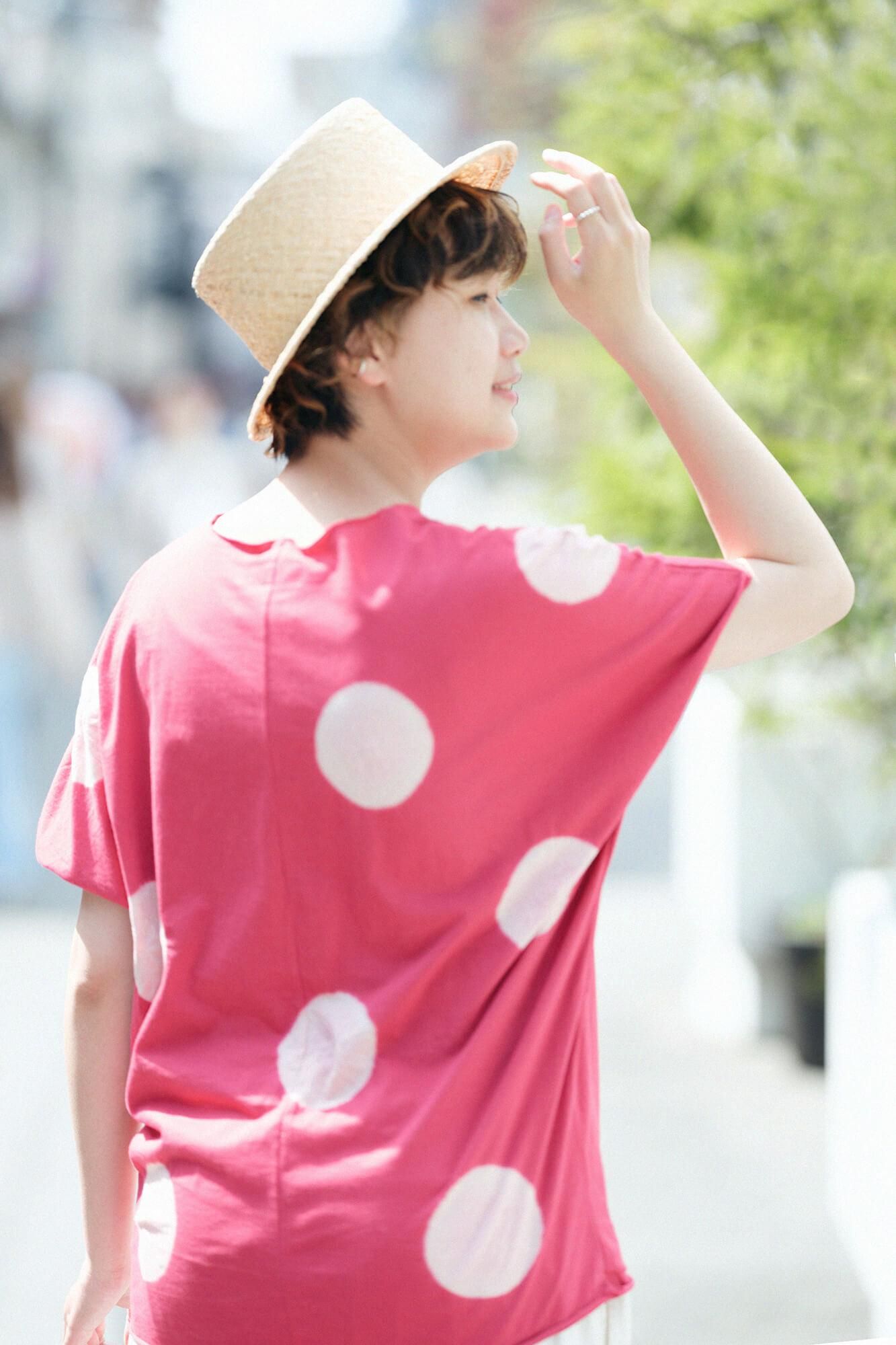 田端紮染 短袖上衣/大圓點 紅色×米膚色