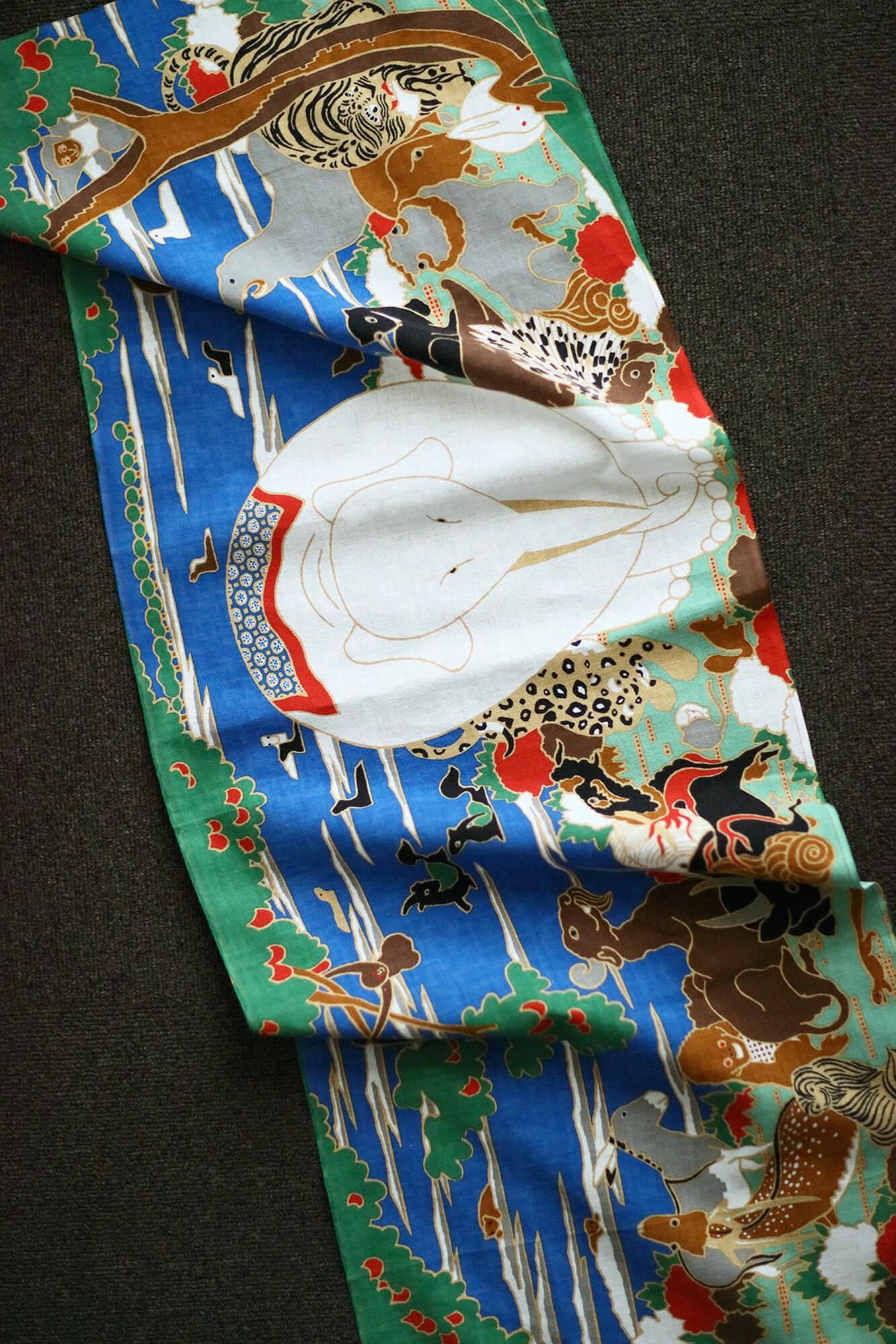 伊勢木綿 textile手ぬぐい/若冲(じゃくちゅう) 鳥獣花木図屏風(ちょうじゅうかぼくずびょうぶ) 写し(うつし)