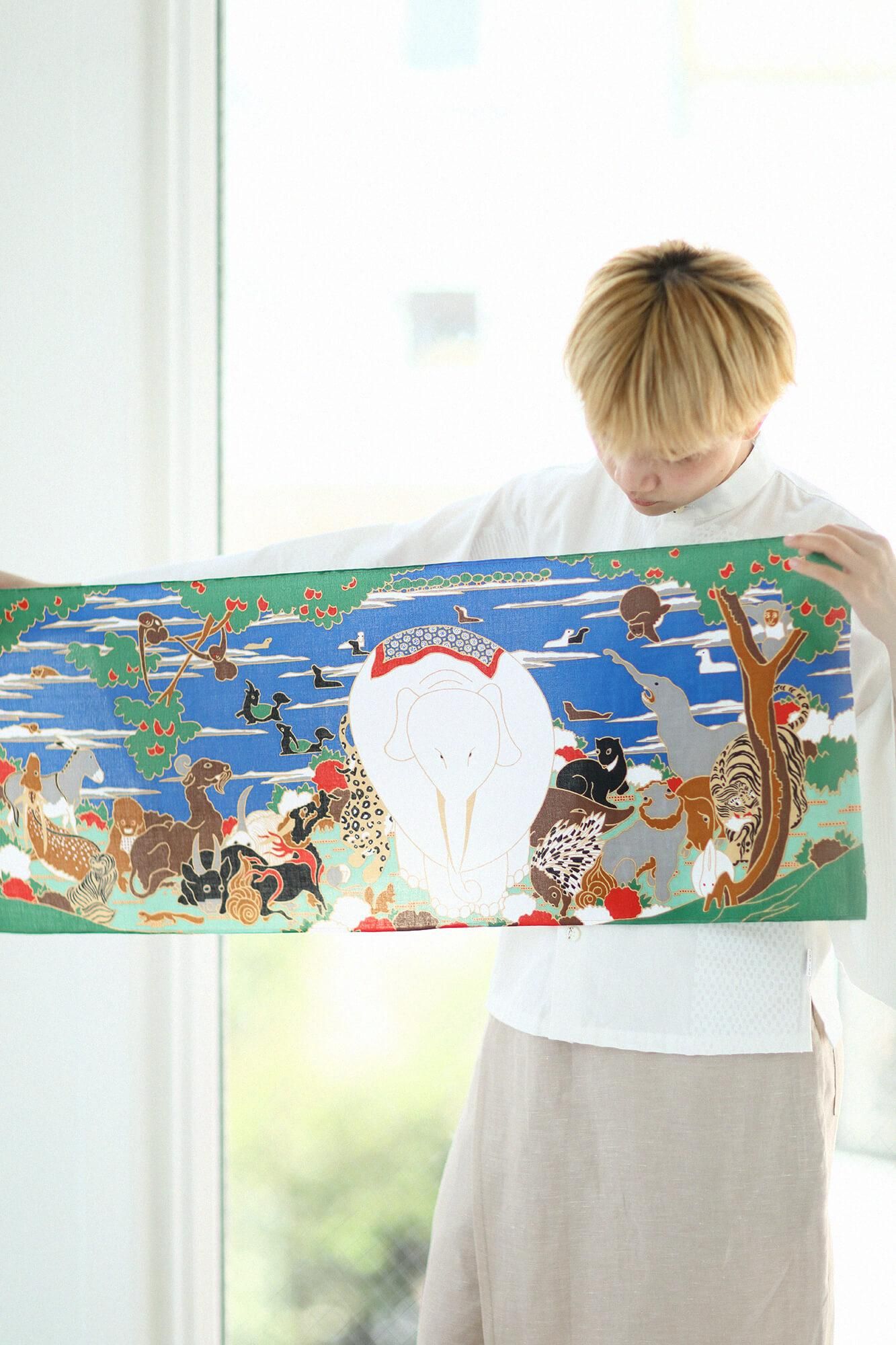 伊勢木綿 textile手ぬぐい/若冲(じゃくちゅう) 鳥獣花木図屏風(ちょうじゅうかぼくずびょうぶ) 写し(うつし)