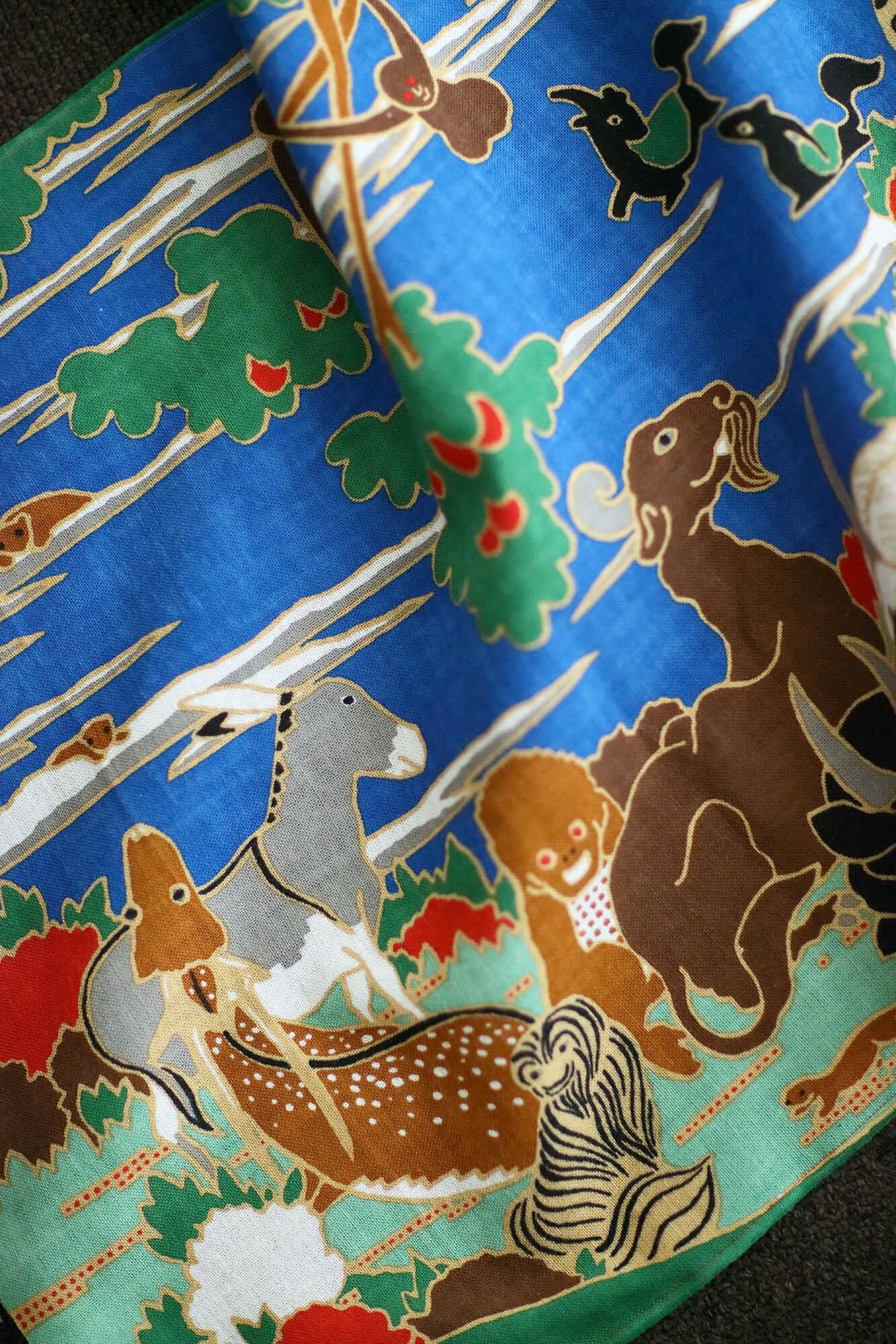 伊勢木綿 textile手ぬぐい/若冲(じゃくちゅう) 鳥獣花木図屏風(ちょうじゅうかぼくずびょうぶ) 写し(うつし)