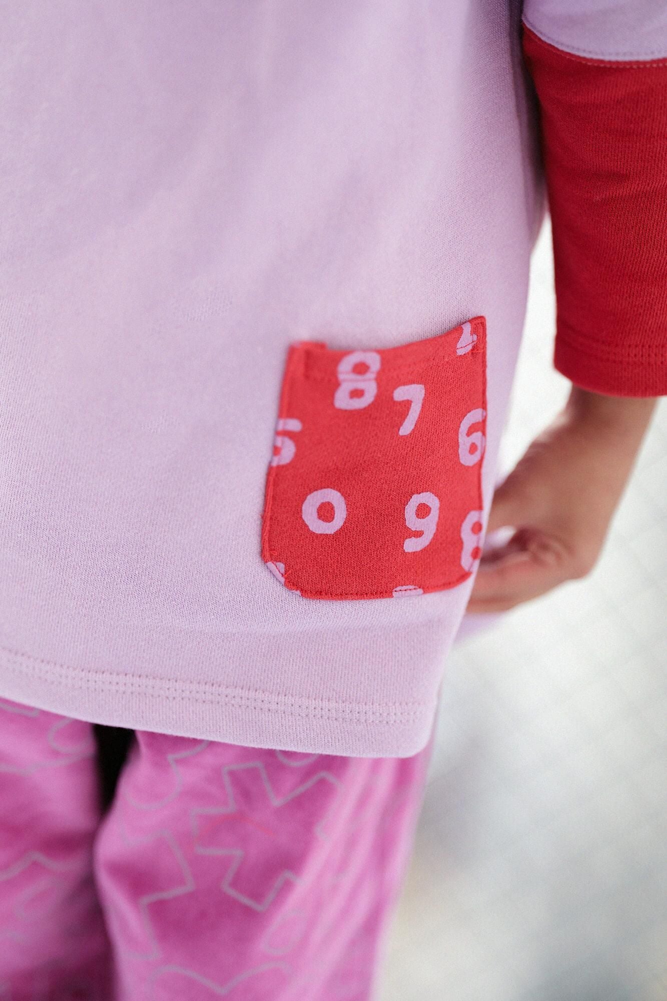 內抓毛 雙色袖 方領上衣 肩褶 /桃色×紅色