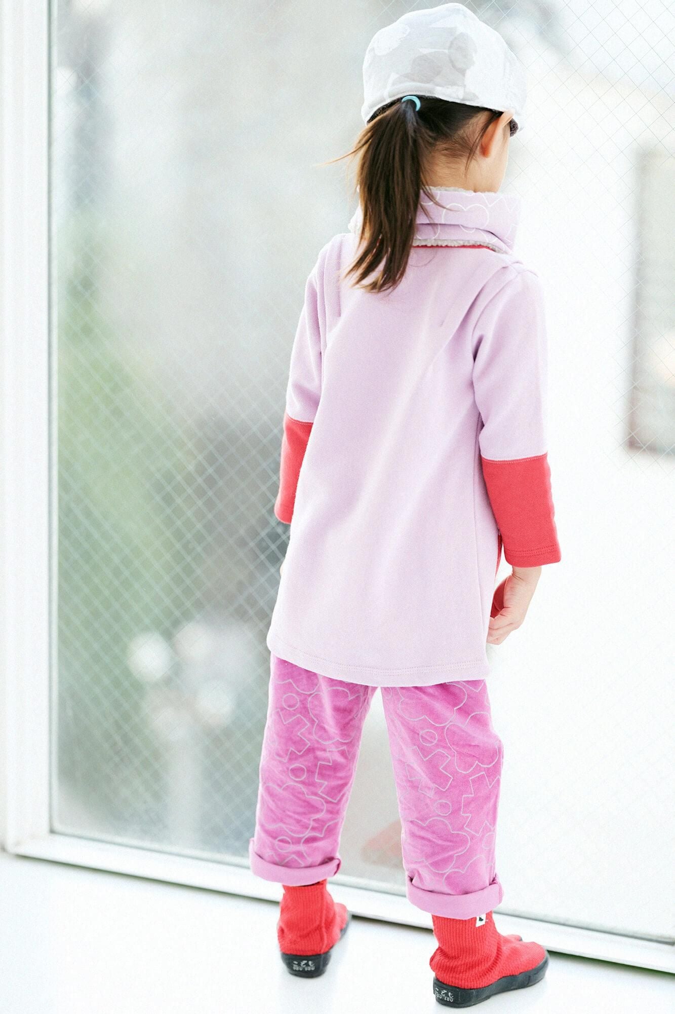 內抓毛 雙色袖 方領上衣 肩褶 /桃色×紅色