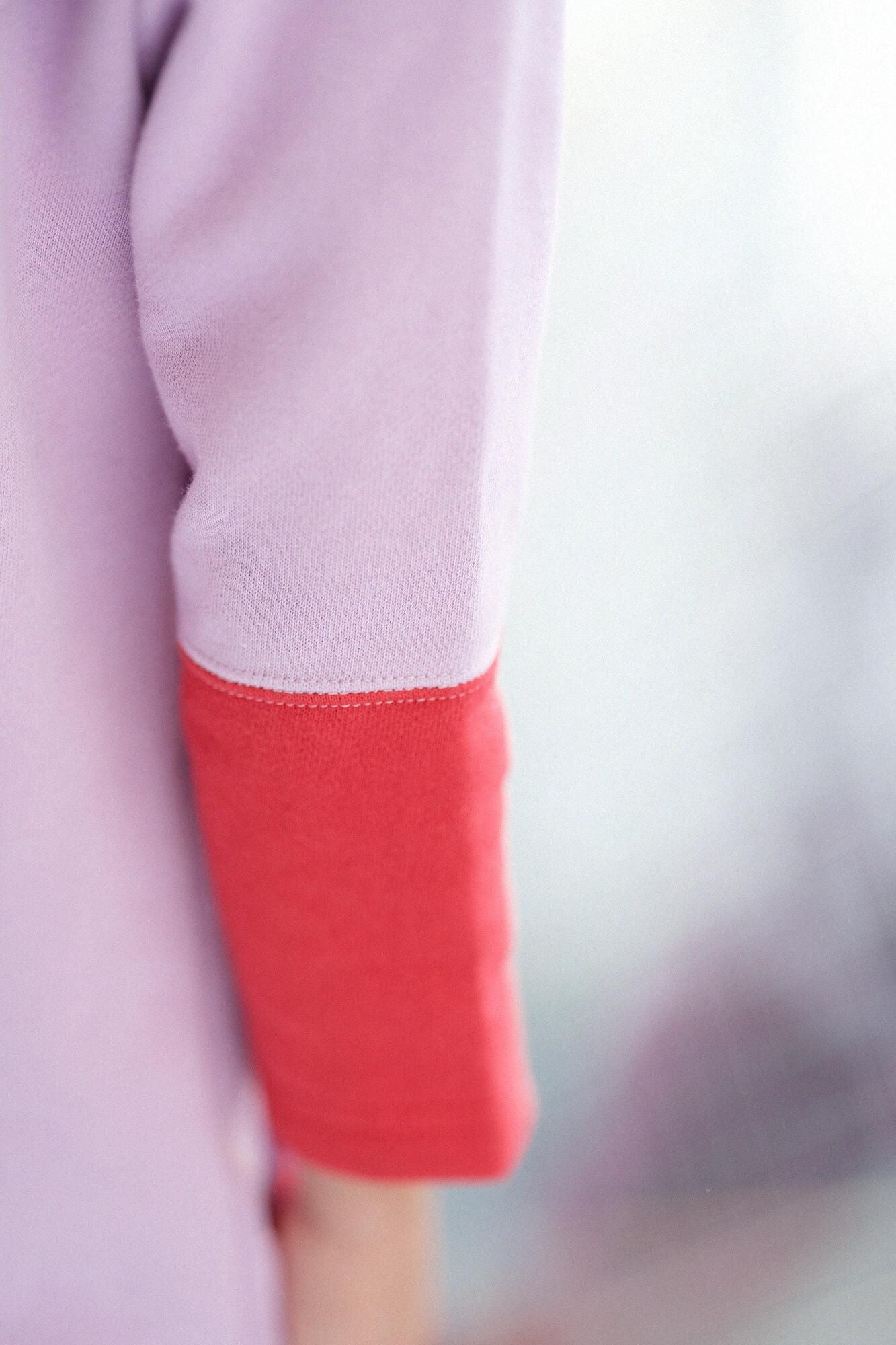 內抓毛 雙色袖 方領上衣 肩褶 /桃色×紅色