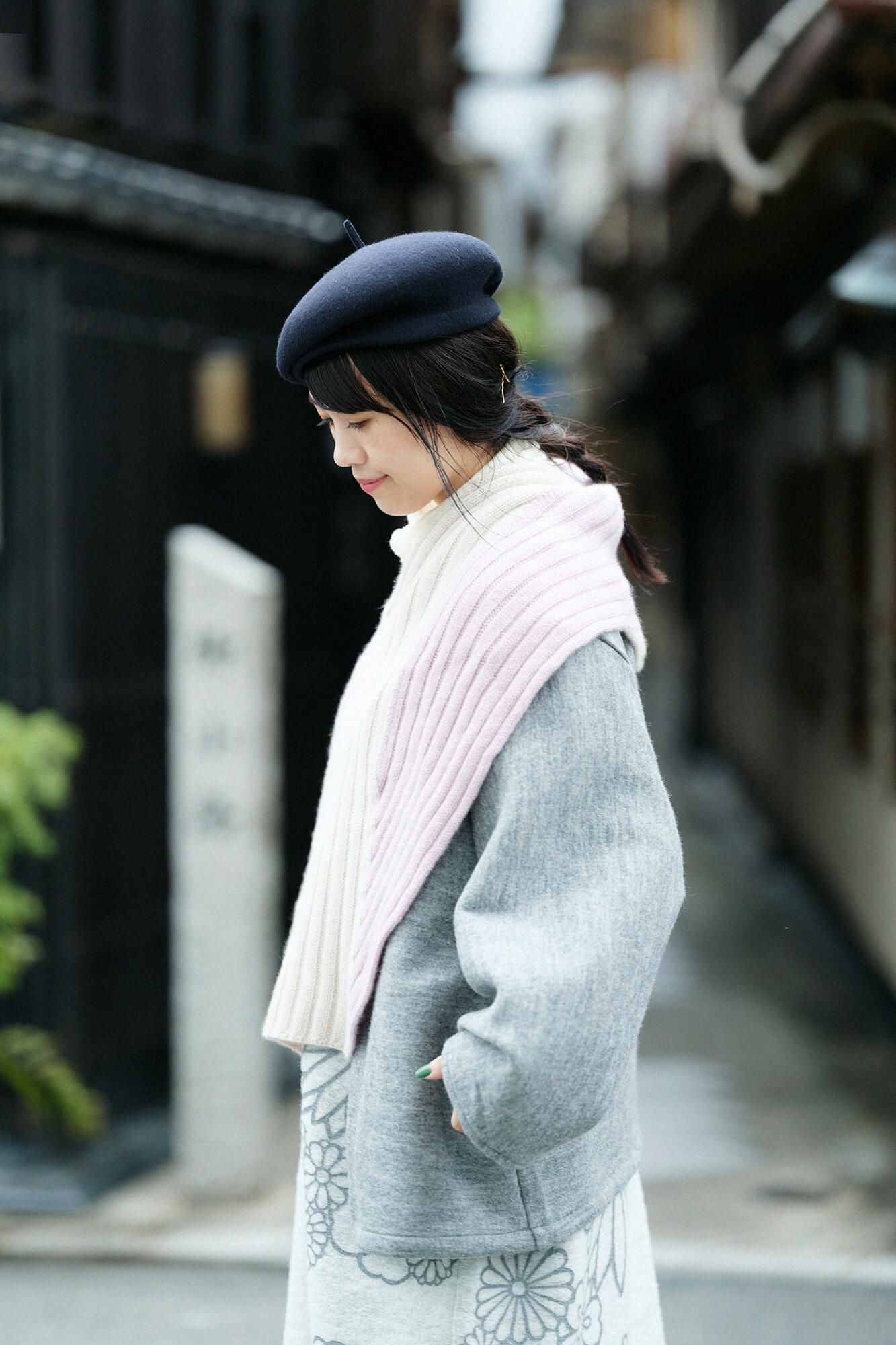 SOU・SOU×ALPHA羊絨枯山水圍巾/米膚色×淡粉紅色