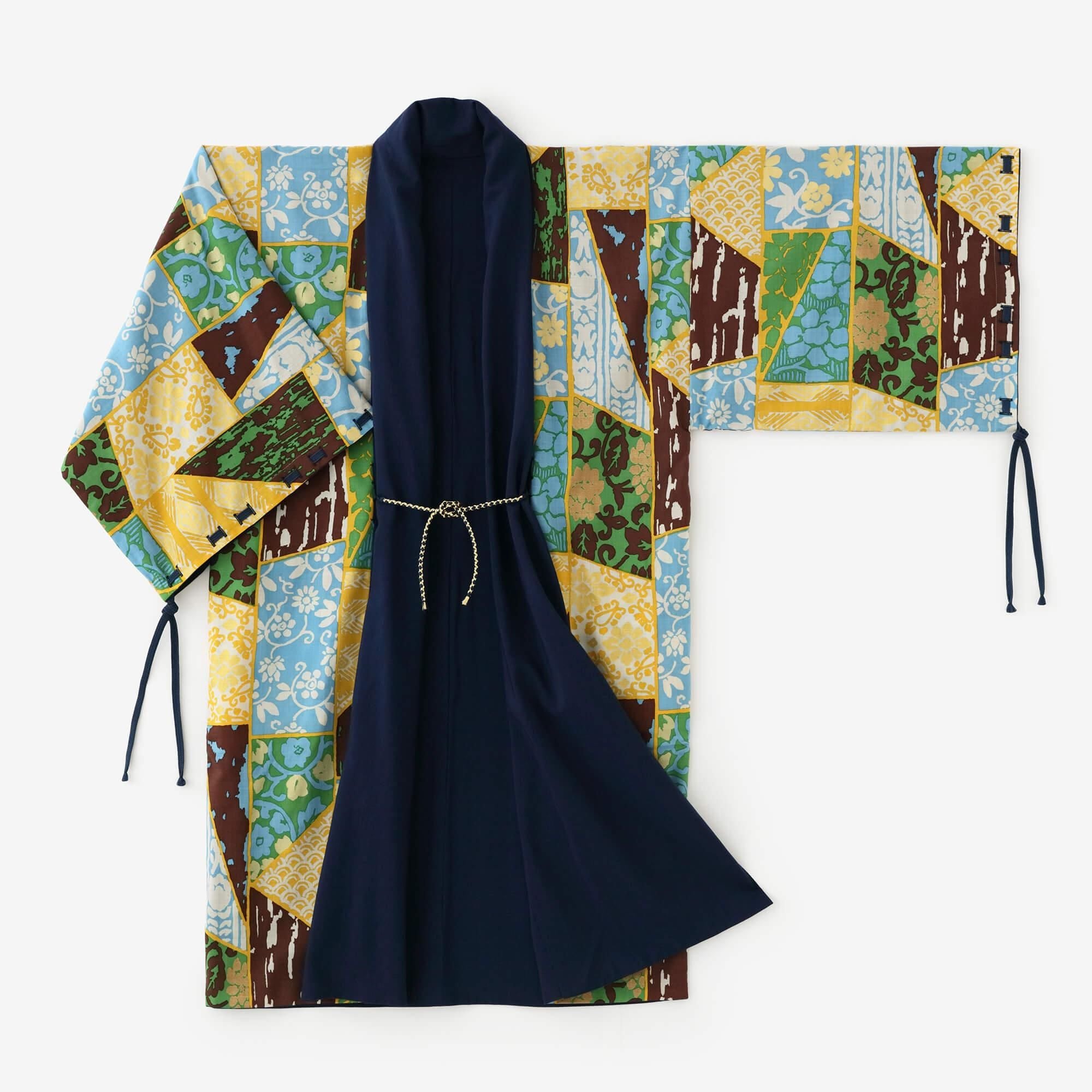 【net Limited】Muslin Wool Rectangular Sleeve Coat with Lining / Dark Blue×Patchwork Kimono of Uesugi Kenshin Family-Recreation