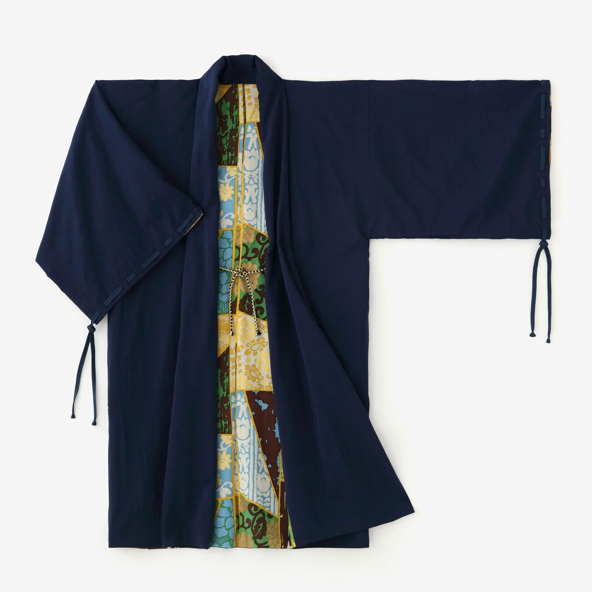 【net Limited】Muslin Wool Rectangular Sleeve Coat with Lining / Dark Blue×Patchwork Kimono of Uesugi Kenshin Family-Recreation