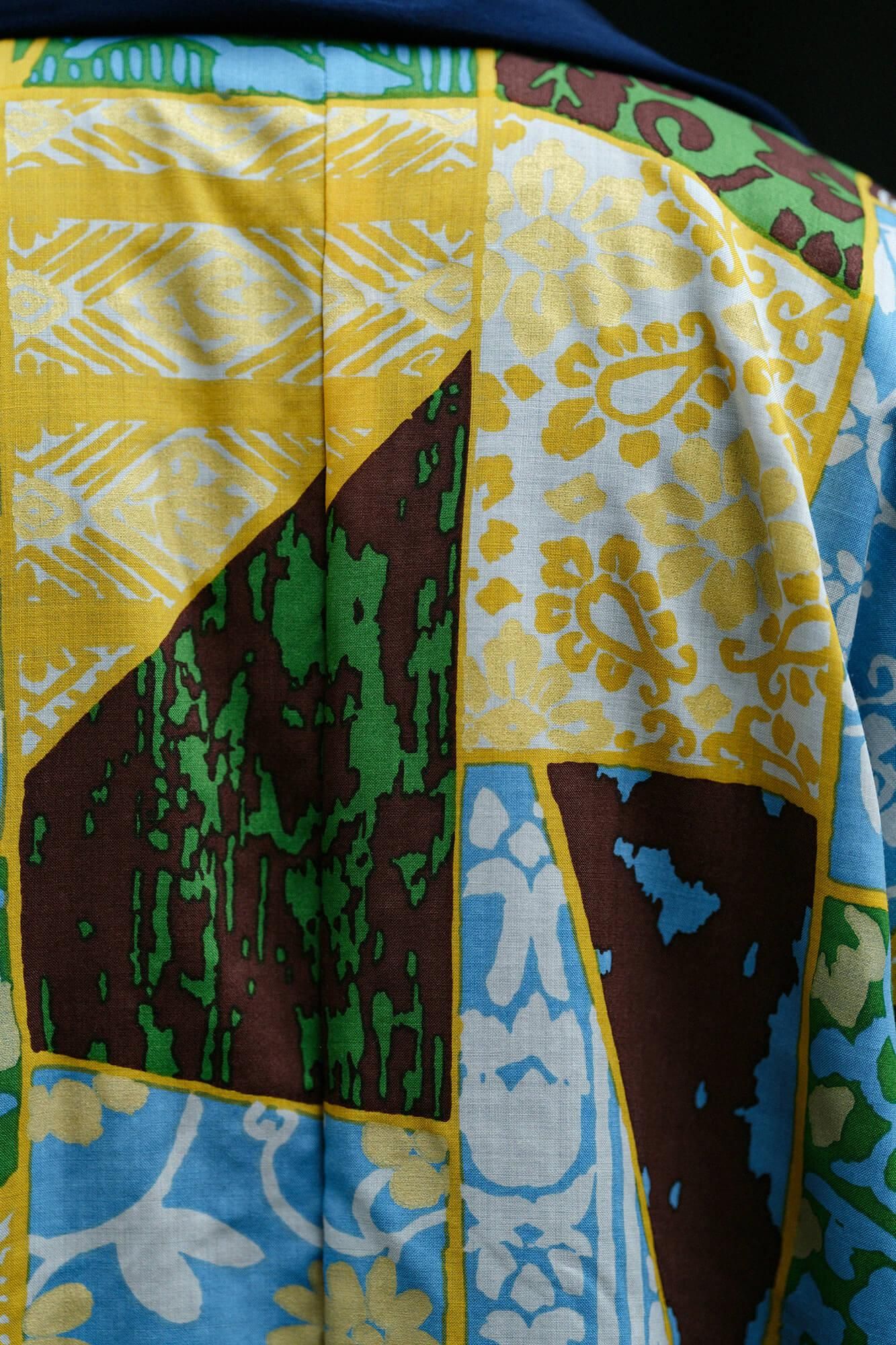 【net Limited】Muslin Wool Rectangular Sleeve Coat with Lining / Dark Blue×Patchwork Kimono of Uesugi Kenshin Family-Recreation