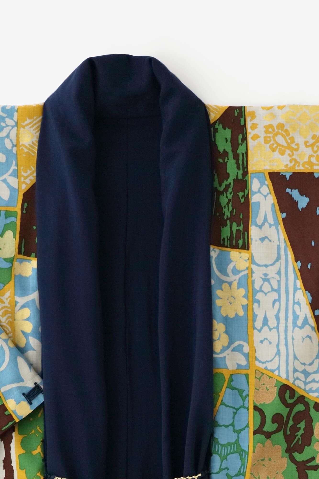 【net Limited】Muslin Wool Rectangular Sleeve Coat with Lining / Dark Blue×Patchwork Kimono of Uesugi Kenshin Family-Recreation