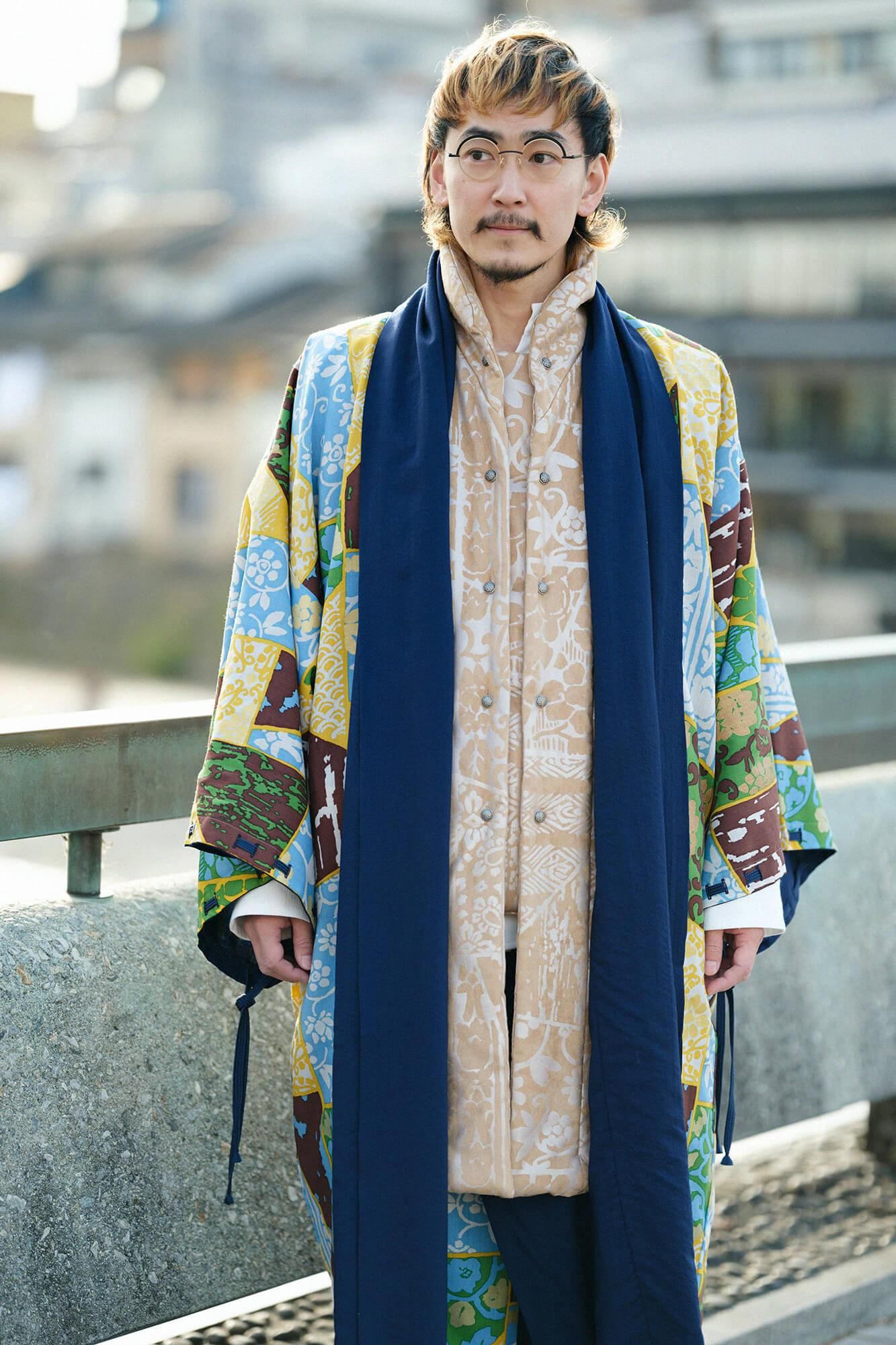 【net Limited】Muslin Wool Rectangular Sleeve Coat with Lining / Dark Blue×Patchwork Kimono of Uesugi Kenshin Family-Recreation
