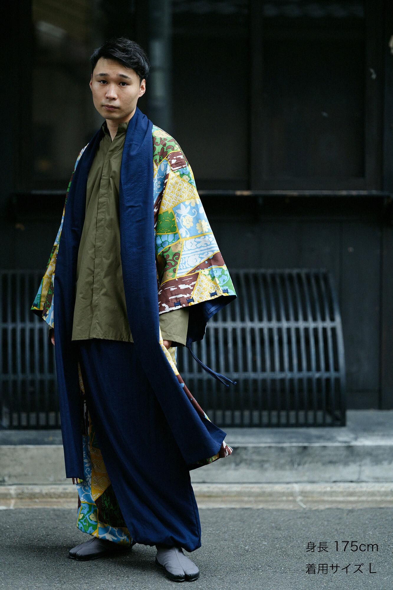 【net Limited】Muslin Wool Rectangular Sleeve Coat with Lining / Dark Blue×Patchwork Kimono of Uesugi Kenshin Family-Recreation