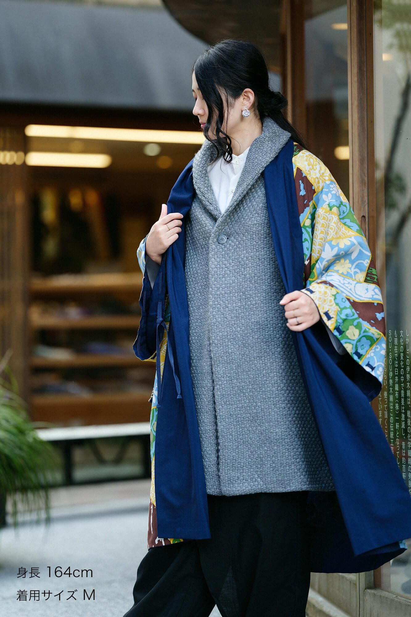 【net Limited】Muslin Wool Rectangular Sleeve Coat with Lining / Dark Blue×Patchwork Kimono of Uesugi Kenshin Family-Recreation