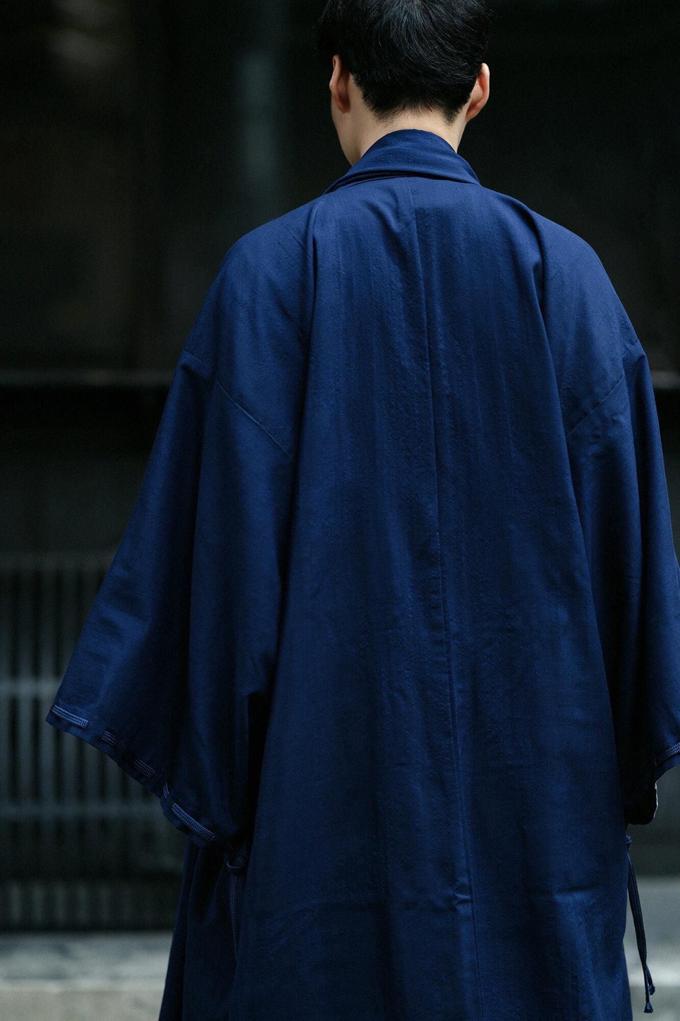 【net Limited】Muslin Wool Rectangular Sleeve Coat with Lining / Dark Blue×Patchwork Kimono of Uesugi Kenshin Family-Recreation