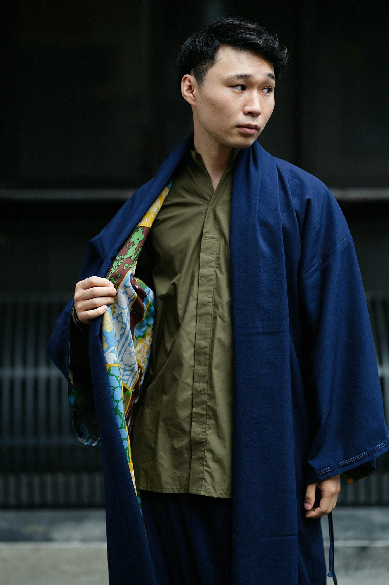【net Limited】Muslin Wool Rectangular Sleeve Coat with Lining / Dark Blue×Patchwork Kimono of Uesugi Kenshin Family-Recreation