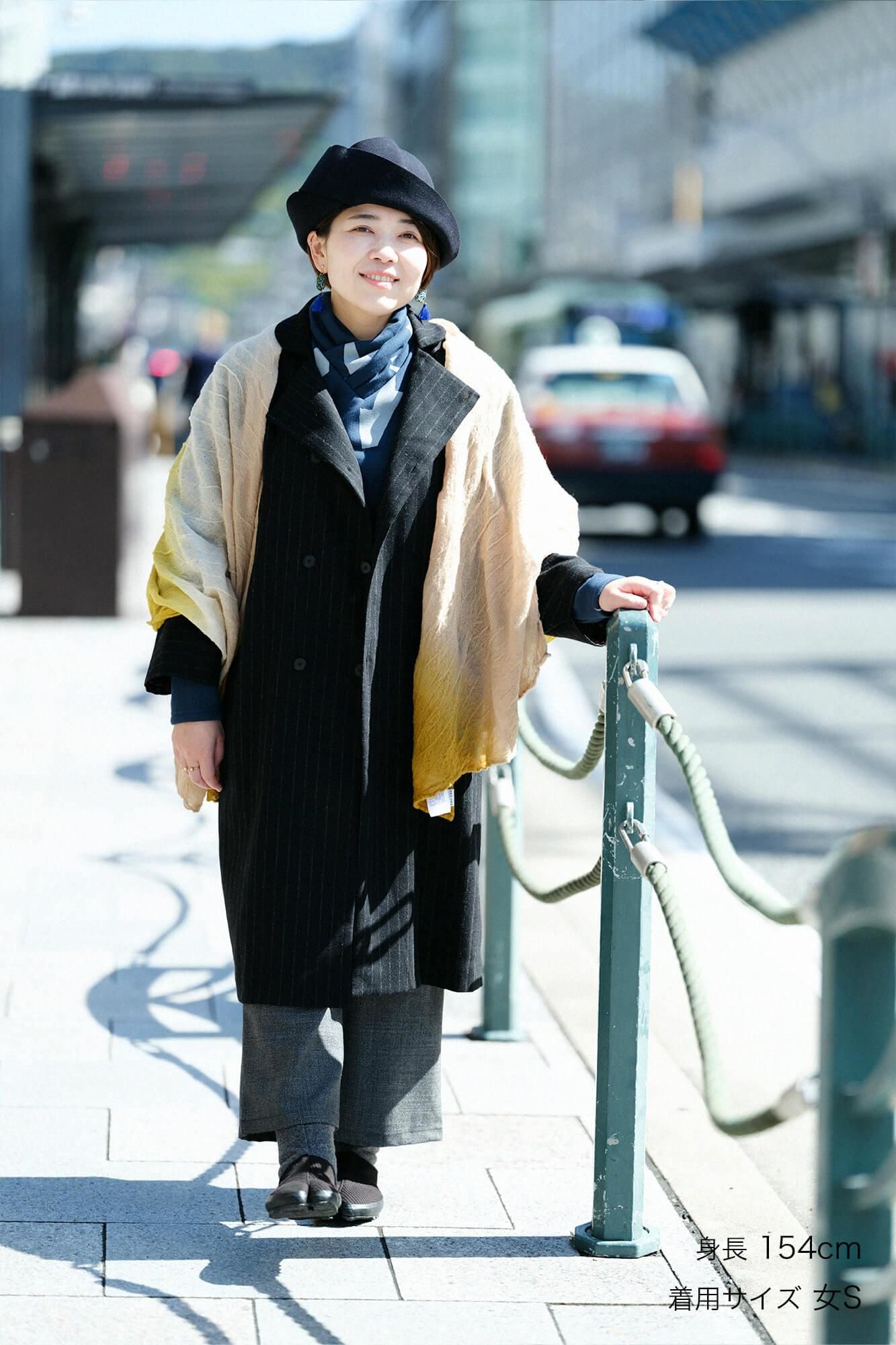 【net limited】Bishu Double Breasted Naginata Square Neck Coat Tweed cover Long with Lining Black Striped x Skyscraper