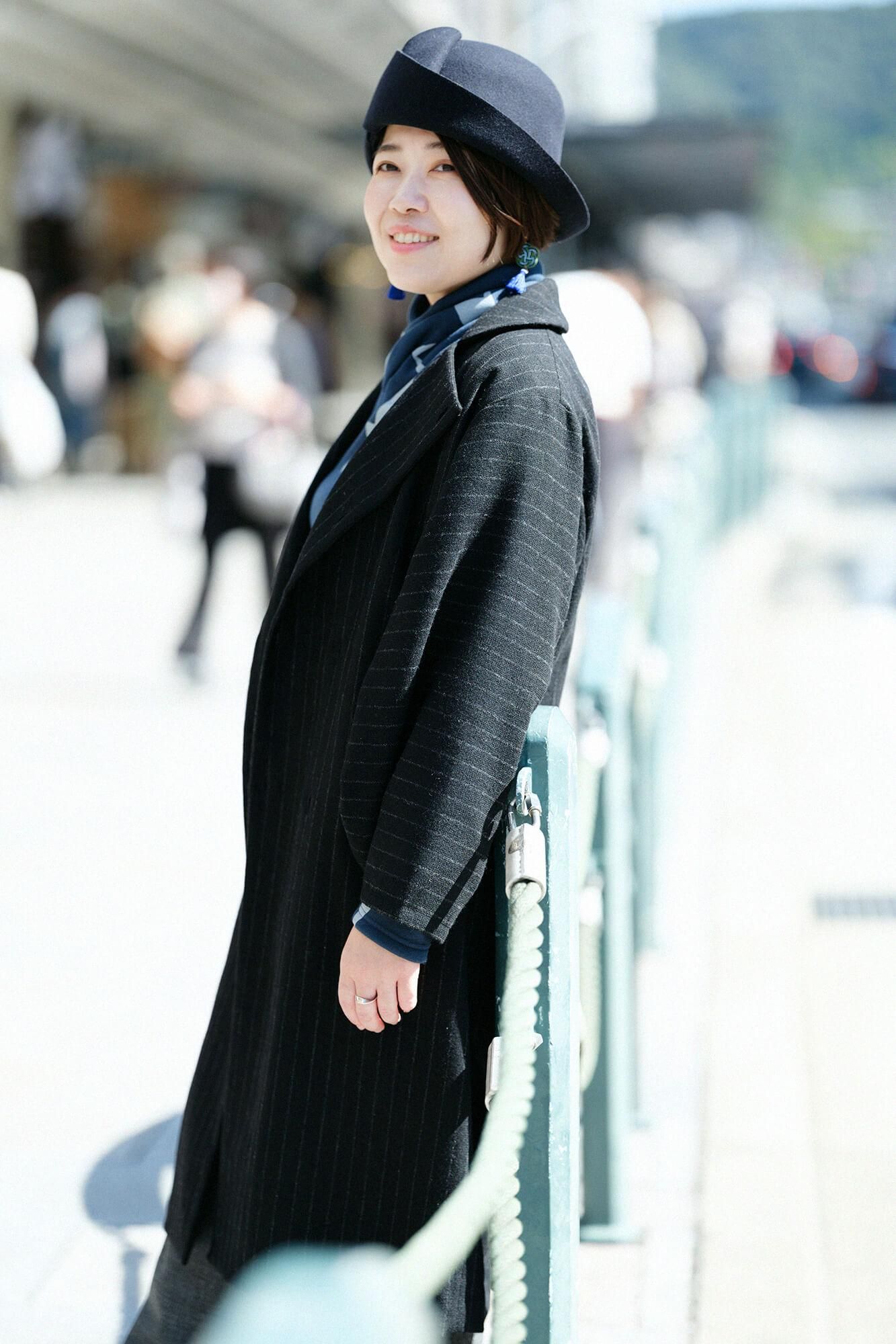 【net limited】Bishu Double Breasted Naginata Square Neck Coat Tweed cover Long with Lining Black Striped x Skyscraper
