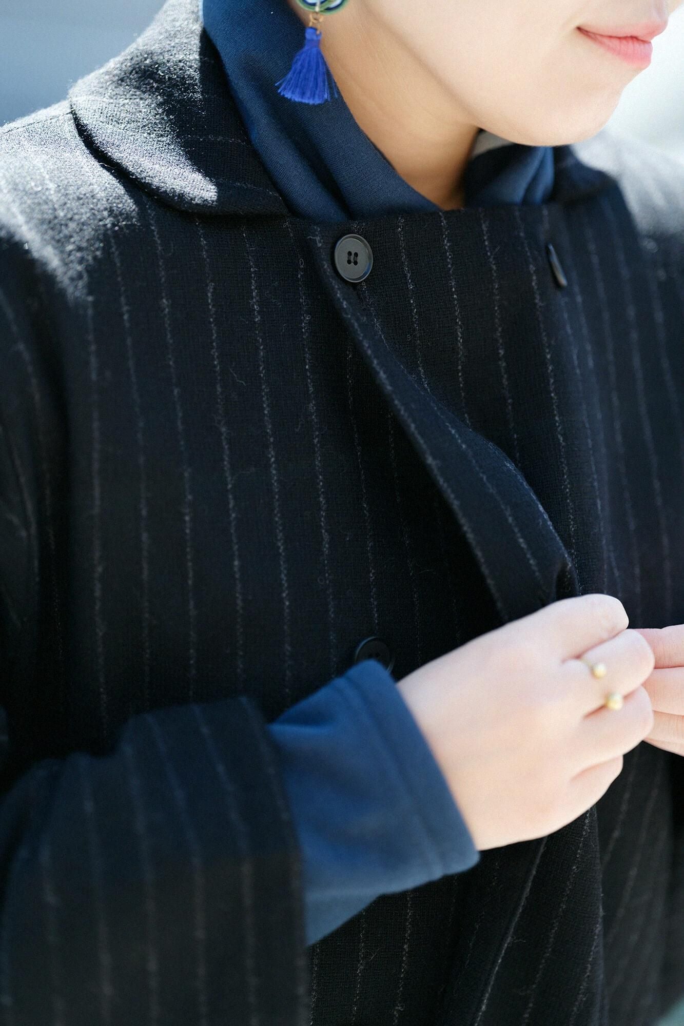 【net limited】Bishu Double Breasted Naginata Square Neck Coat Tweed cover Long with Lining Black Striped x Skyscraper