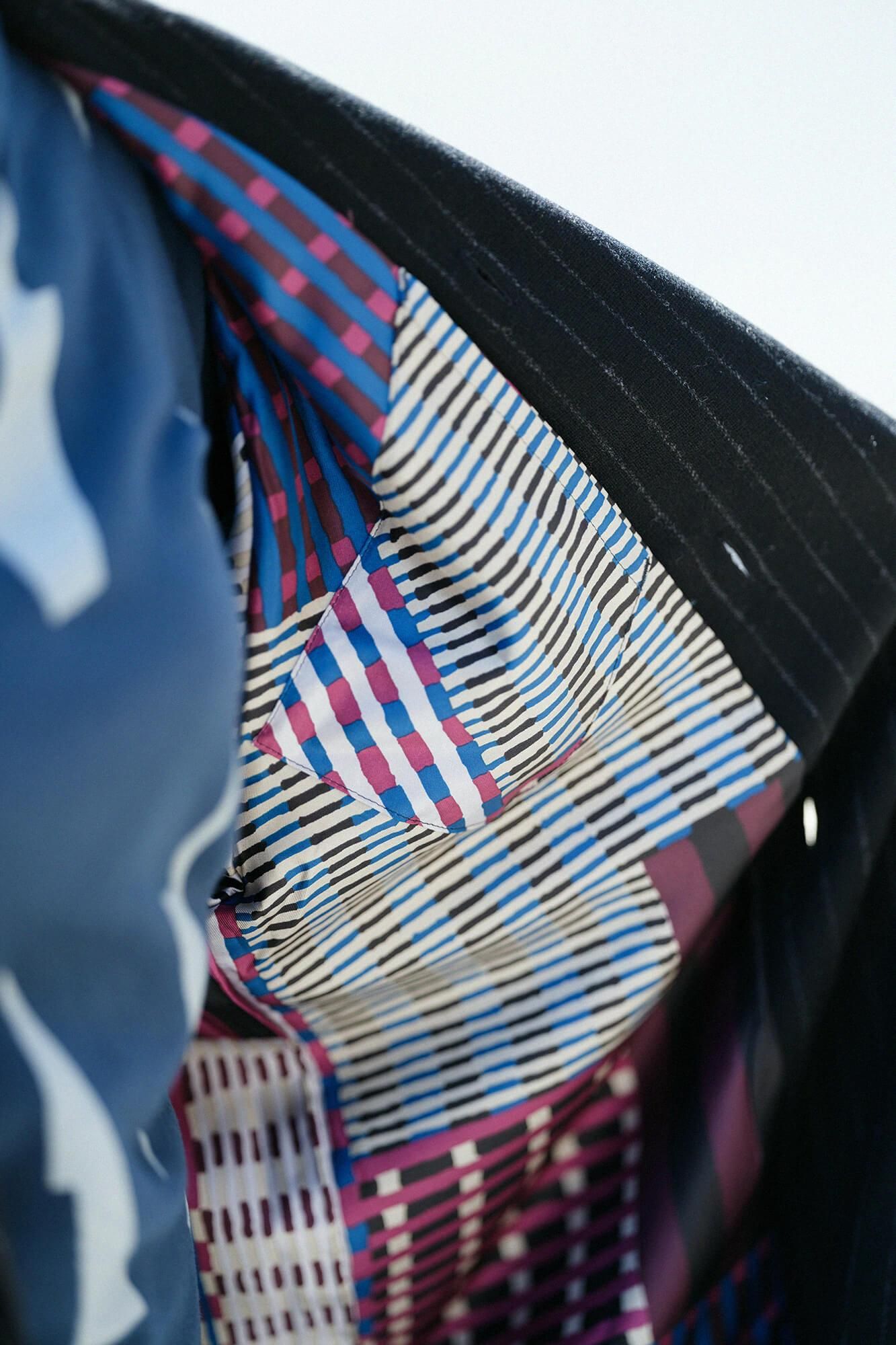 【net limited】Bishu Double Breasted Naginata Square Neck Coat Tweed cover Long with Lining Black Striped x Skyscraper