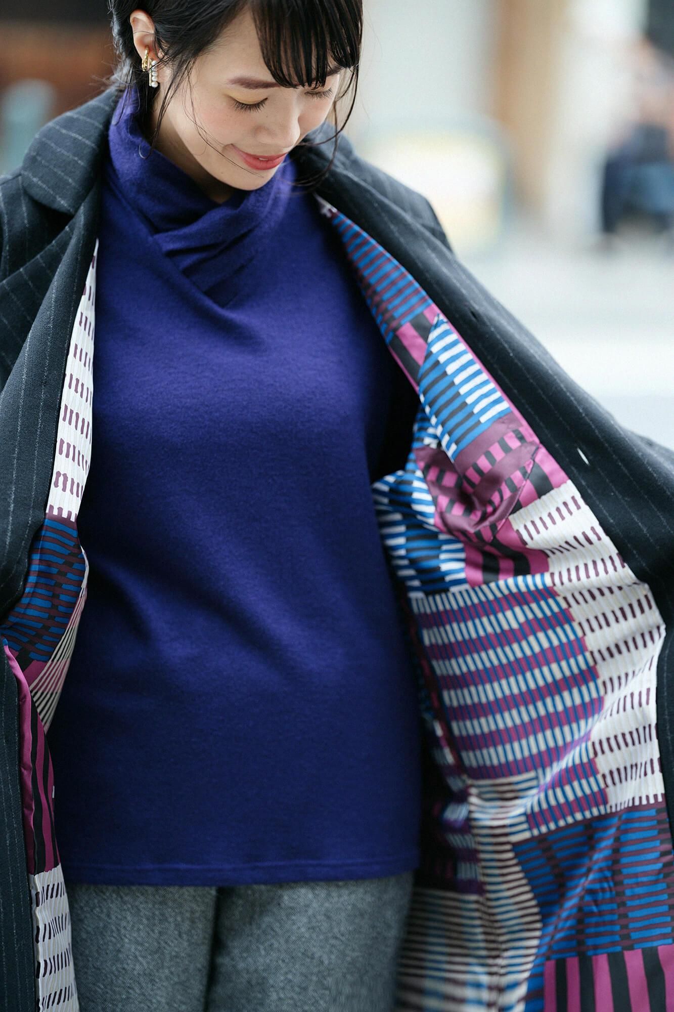 【net limited】Bishu Double Breasted Naginata Square Neck Coat Tweed cover Long with Lining Black Striped x Skyscraper