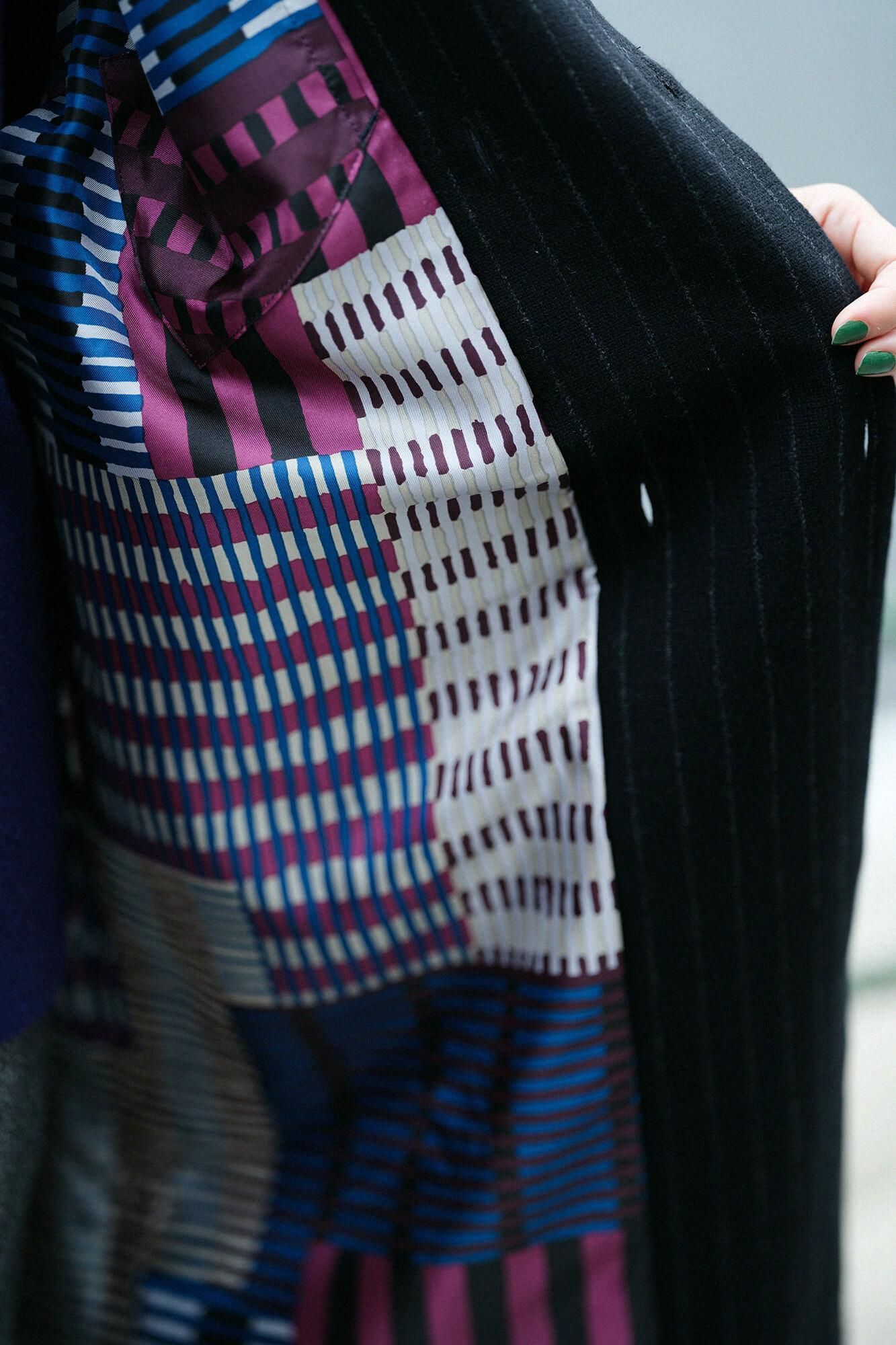 【net limited】Bishu Double Breasted Naginata Square Neck Coat Tweed cover Long with Lining Black Striped x Skyscraper