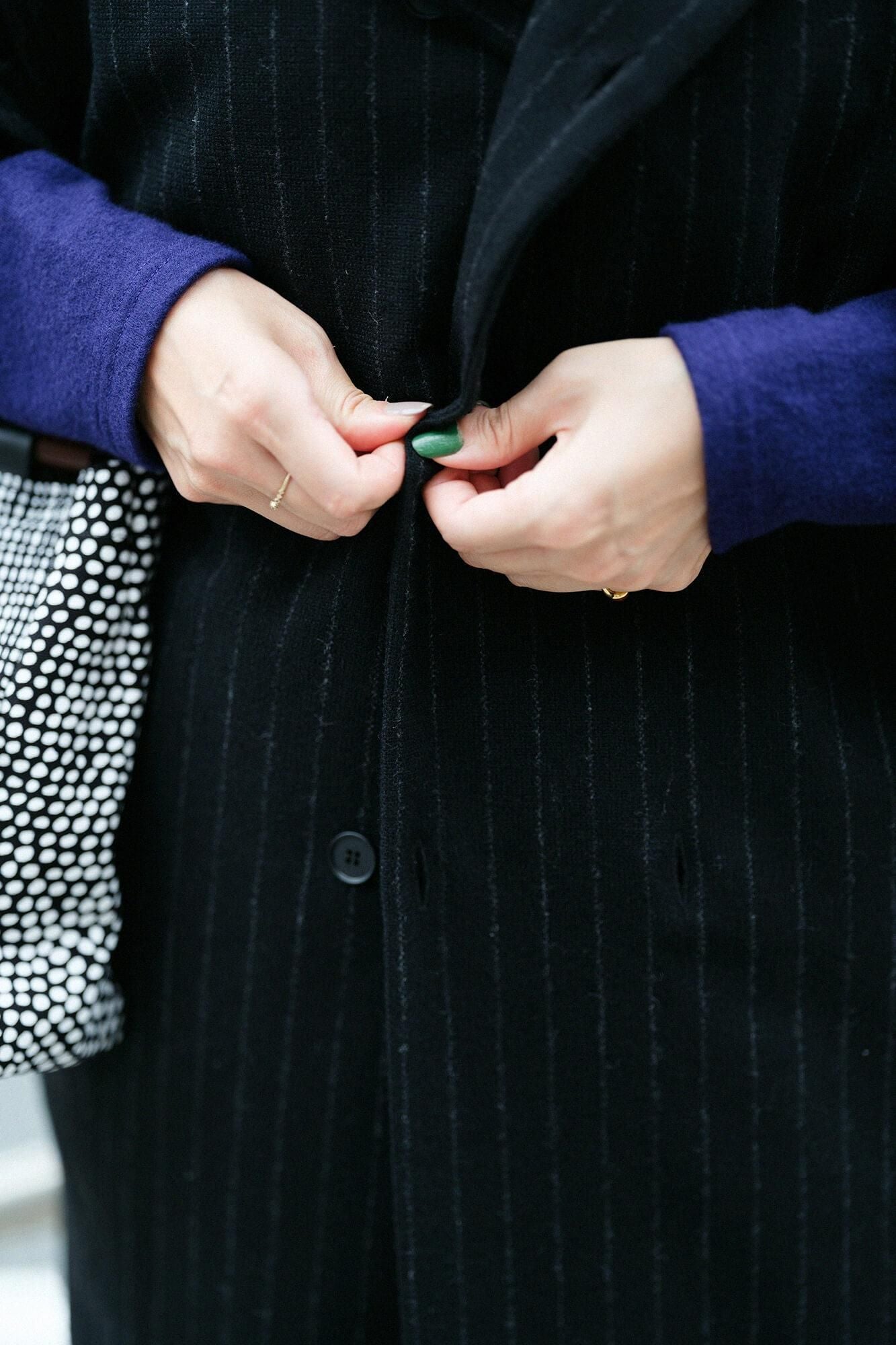 【net limited】Bishu Double Breasted Naginata Square Neck Coat Tweed cover Long with Lining Black Striped x Skyscraper