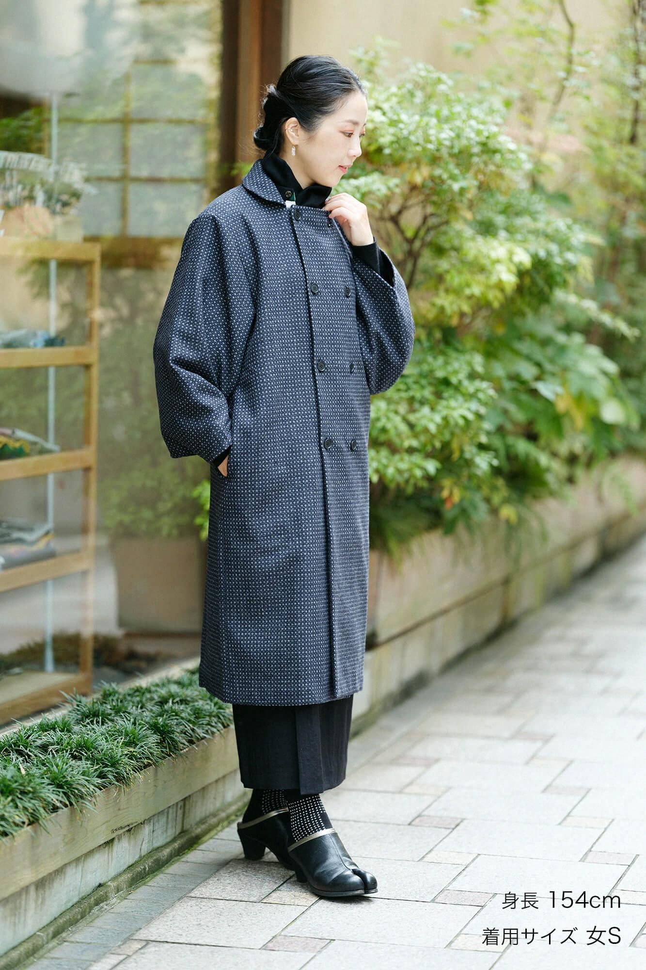 【net limited】Worsted Combed Yarn bean Lattice Weave Double Breasted Naginata Square Neck Coat Long with Lining / Sand and Ink Color × SO-SU-U