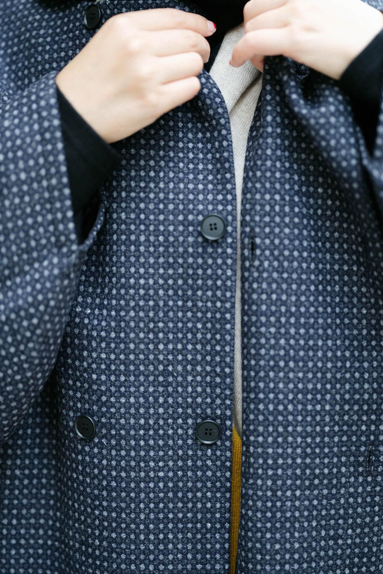 【net limited】Worsted Combed Yarn bean Lattice Weave Double Breasted Naginata Square Neck Coat Long with Lining / Sand and Ink Color × SO-SU-U