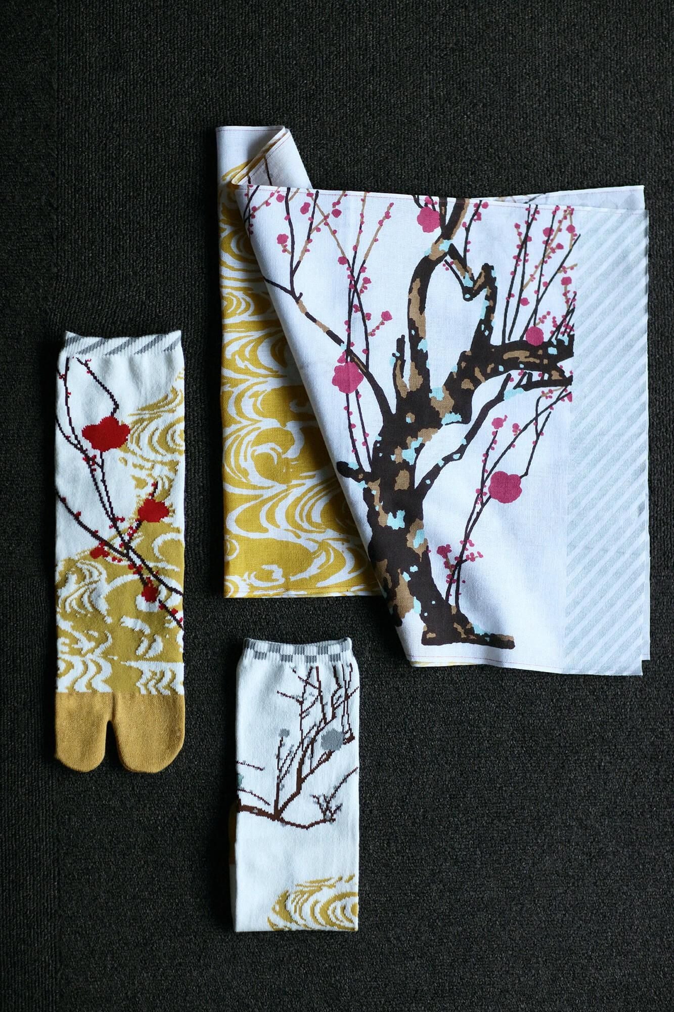 伊勢木棉圖案紋樣手巾/尾形光琳 紅白梅圖屏風 再現