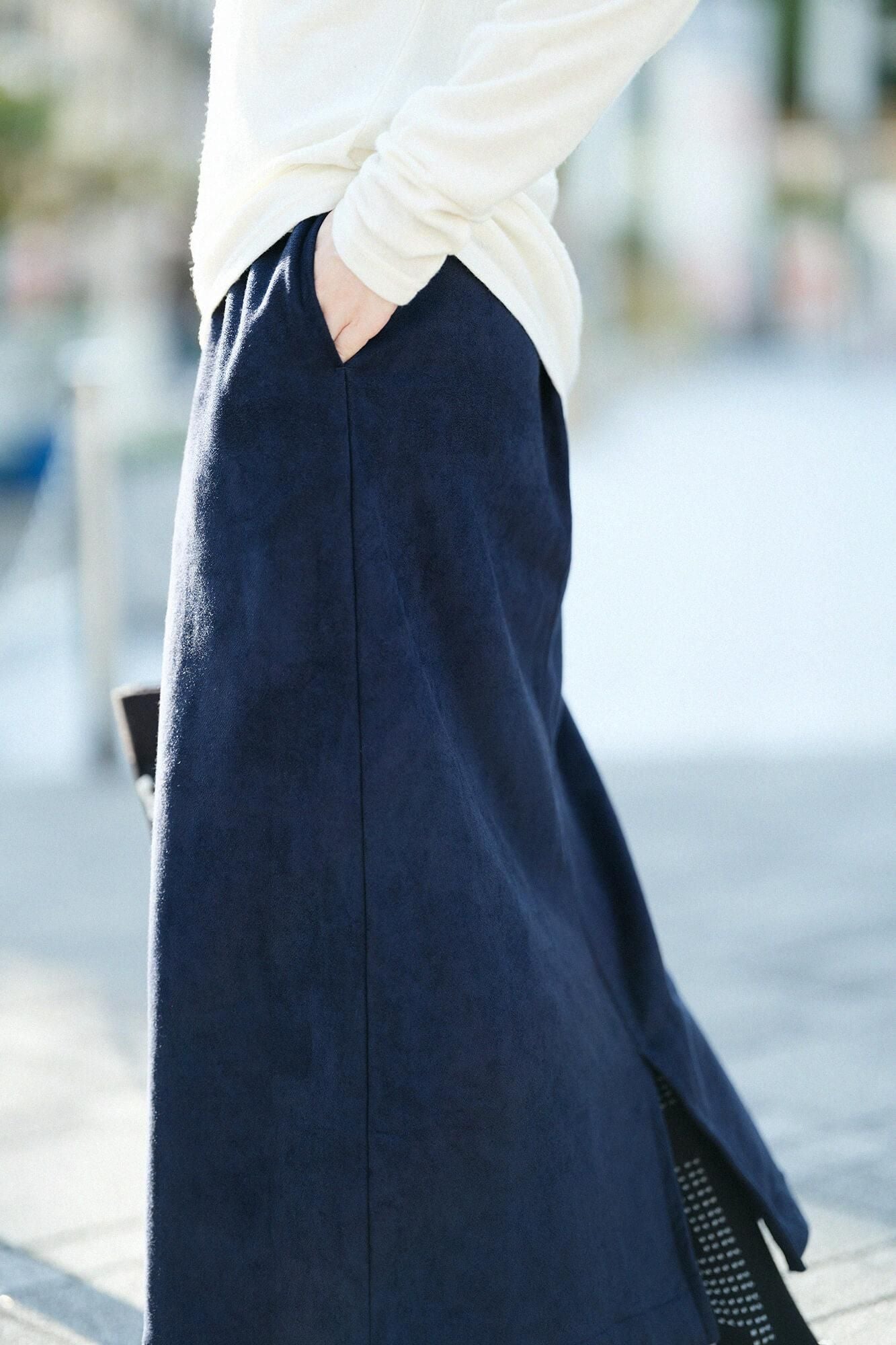 內抓毛仿麂皮 長裙/暗藍色