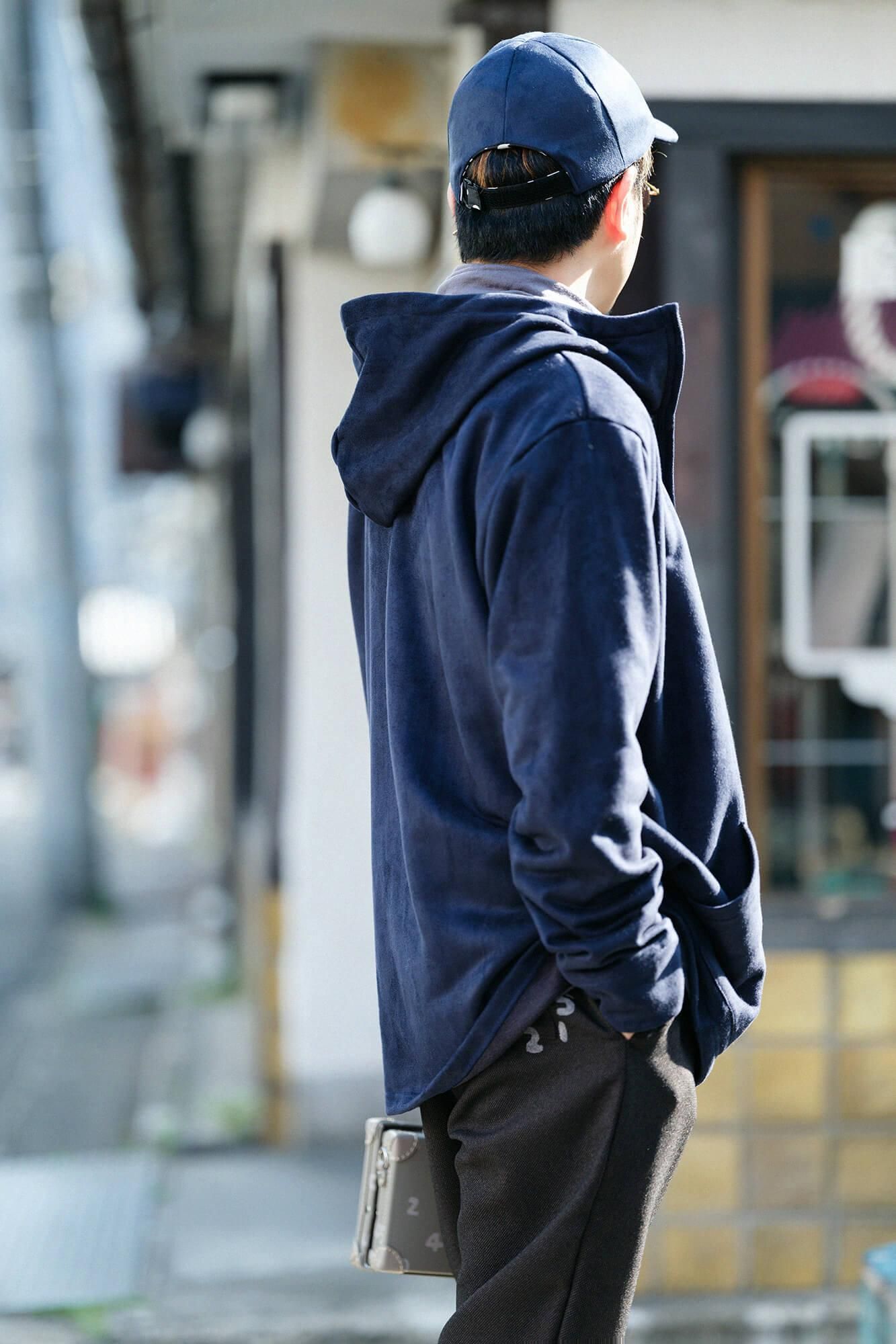 內抓毛仿麂皮 連帽外套/暗藍色