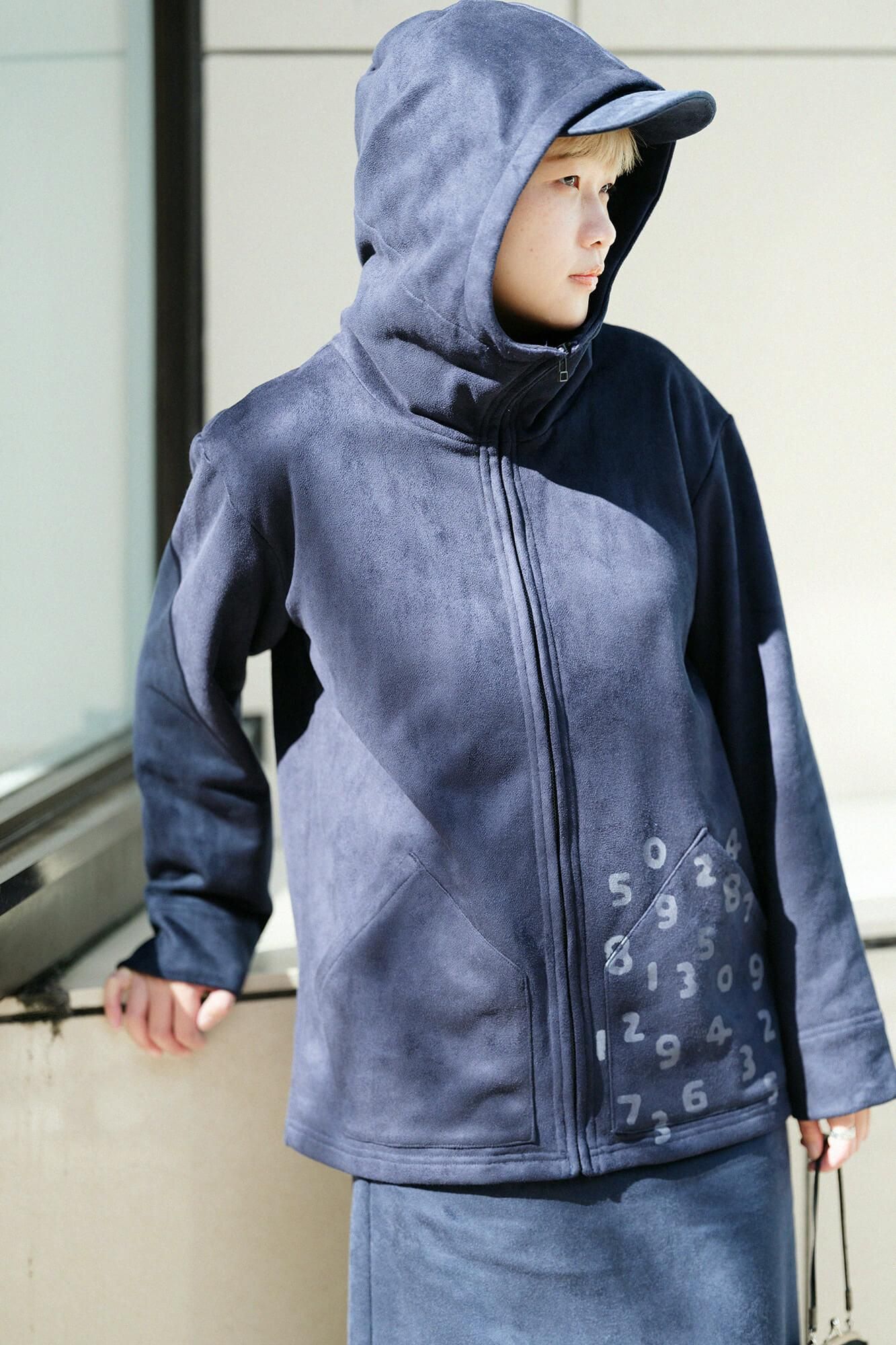 內抓毛仿麂皮 連帽外套/暗藍色