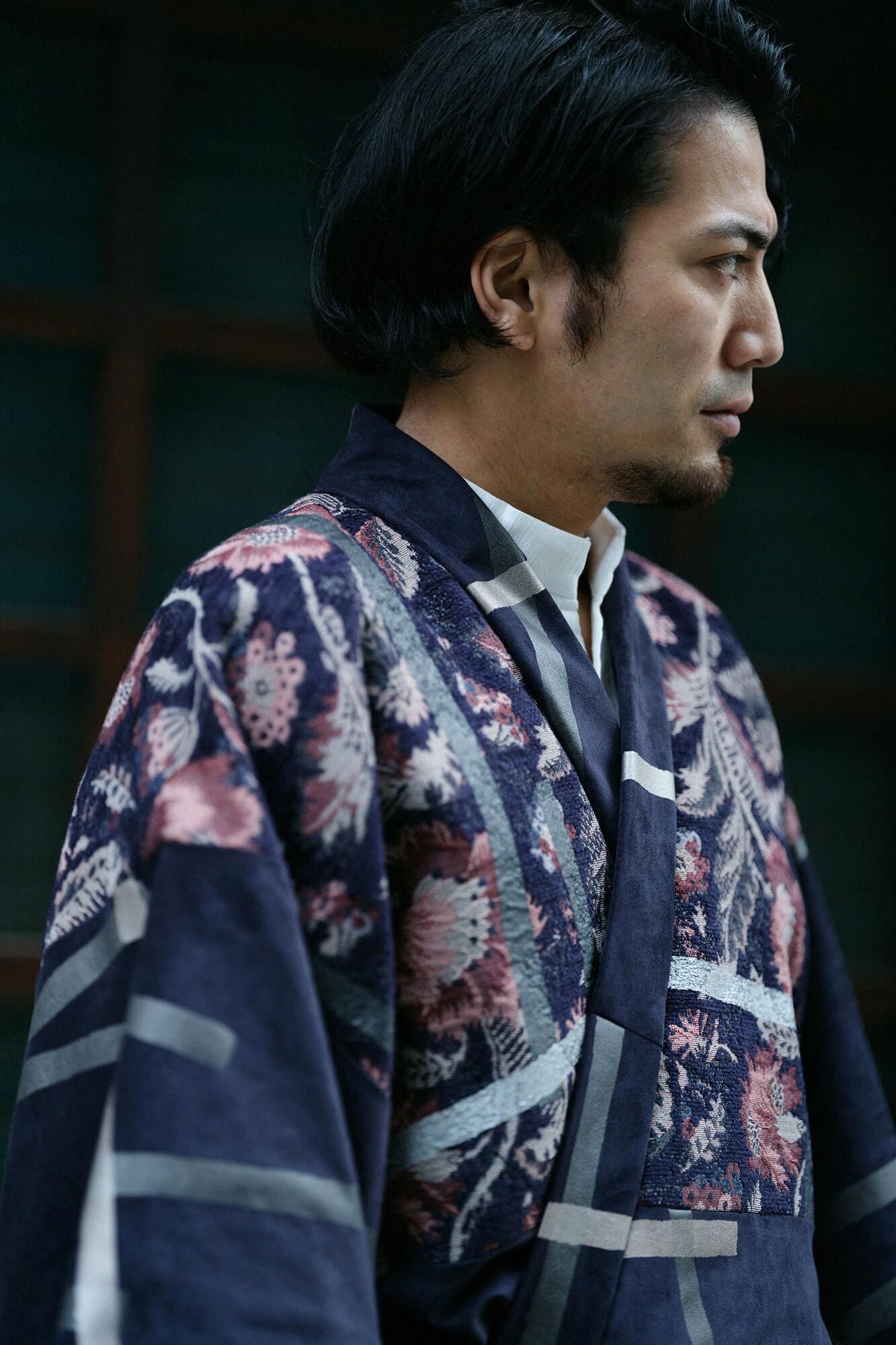 Faux Nubuck x Gobelin Roll-up Hem Simple Kimono with Lining Tobi