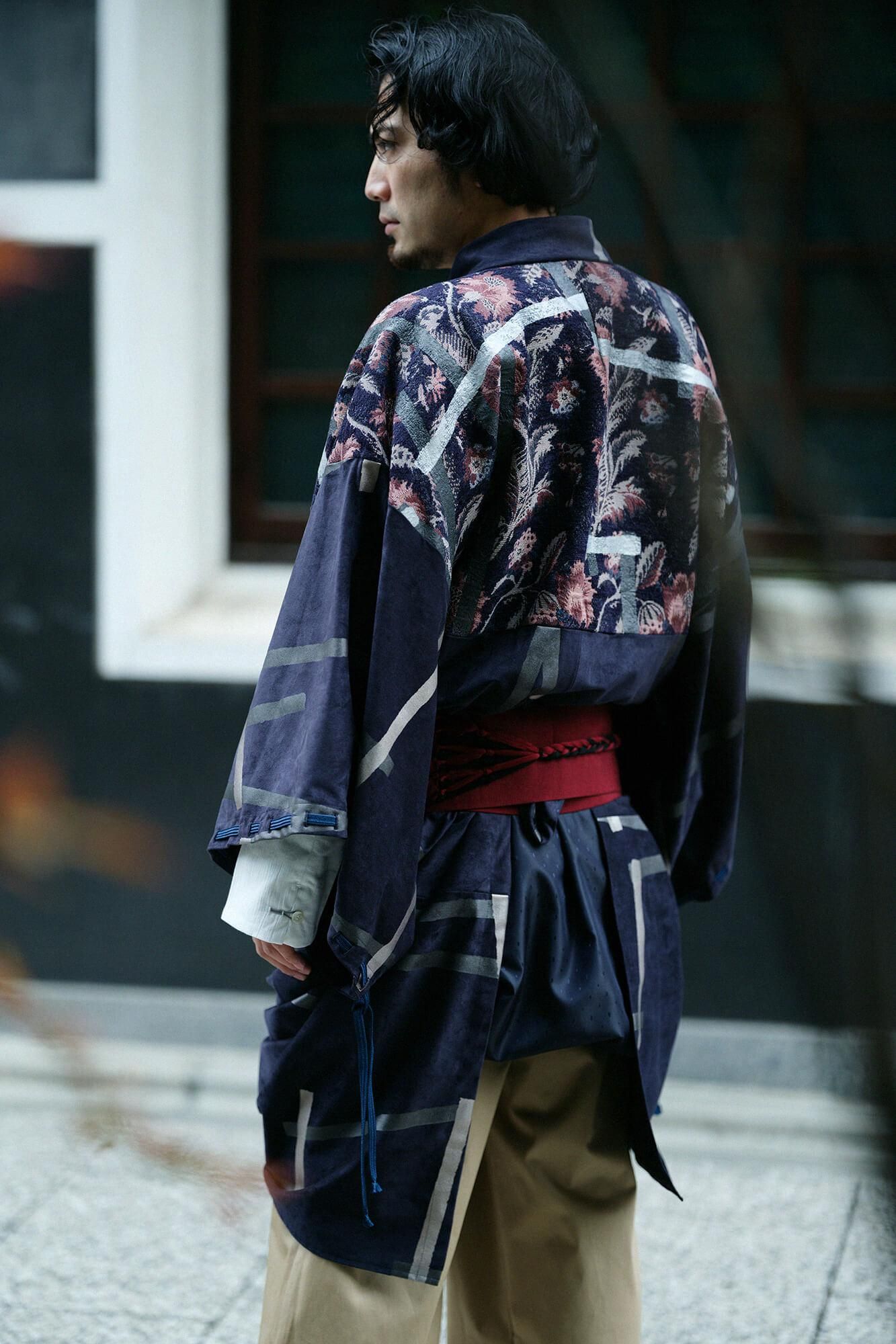 Faux Nubuck x Gobelin Roll-up Hem Simple Kimono with Lining Tobi