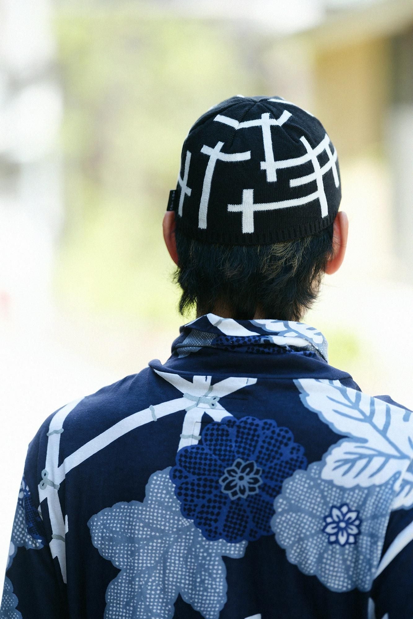 淺針織帽/柵欄 黑色×白色