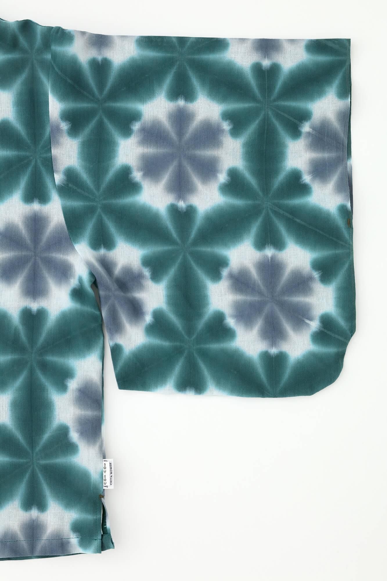 【net限定】たばた絞り 知多木綿 文(ぶん) 草衣(そうい) 上(うえ)/雪花(せっか) 深緑色(しんりょくしょく)×灰青(はいあお)