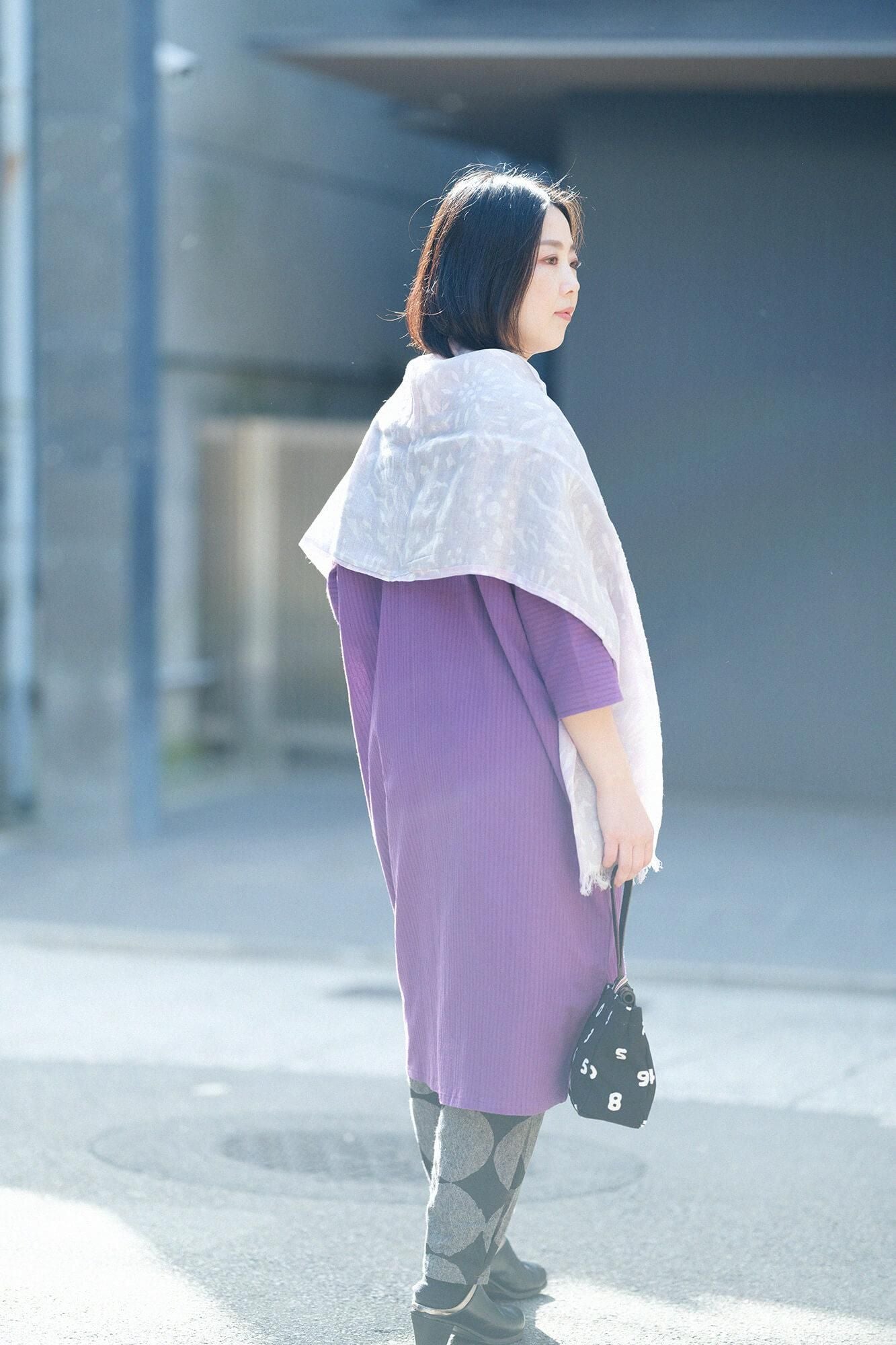 高島縮棉40/20 空羽 V領長方形洋裝 七分袖/紫羅蘭色