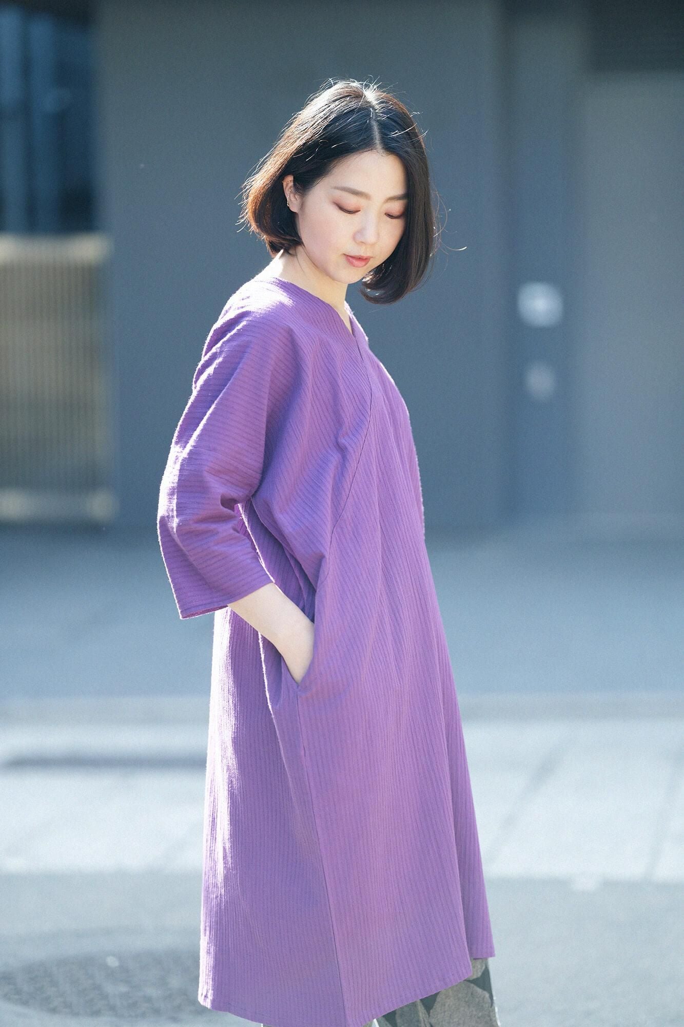 高島縮棉40/20 空羽 V領長方形洋裝 七分袖/紫羅蘭色