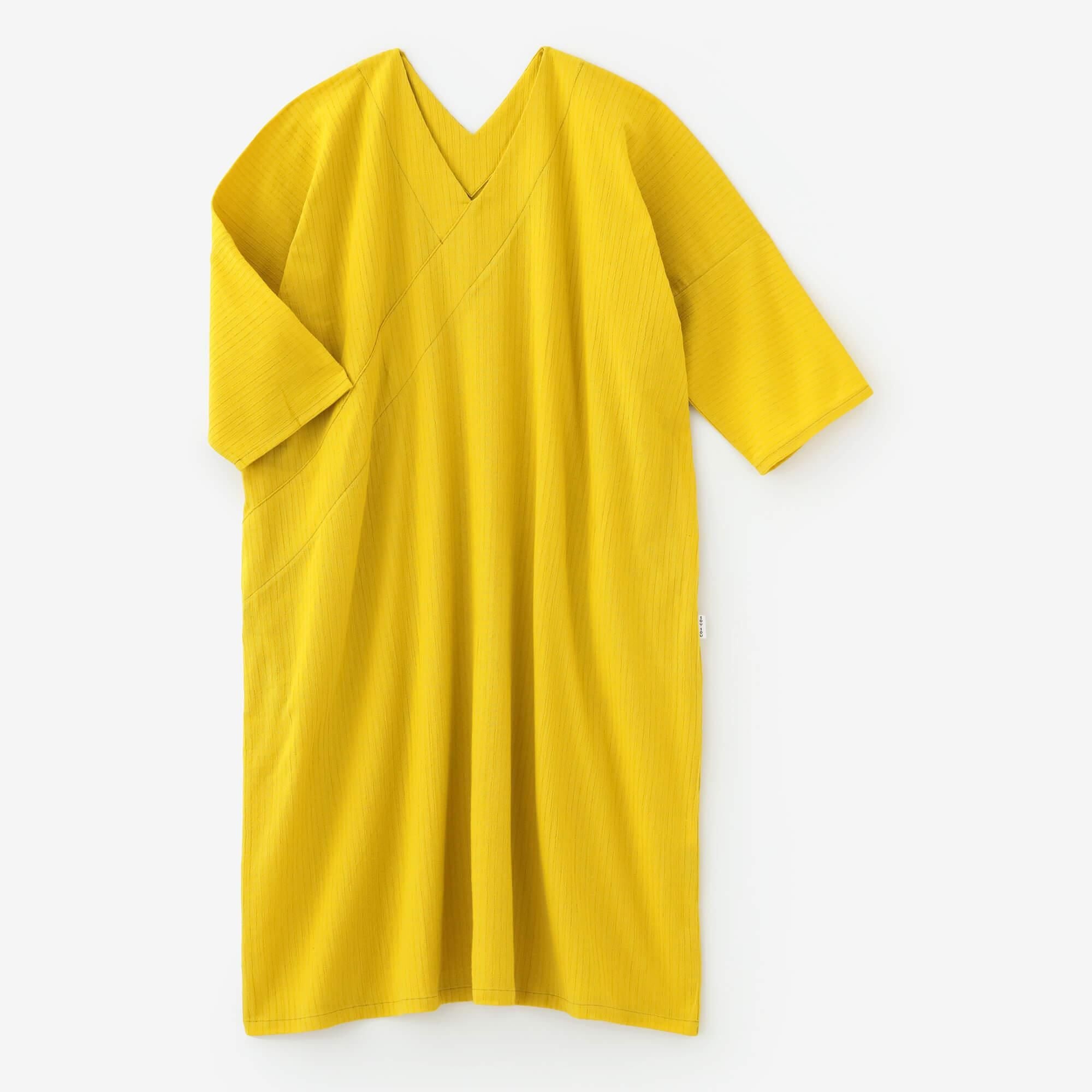 Chizimi Cotton 40/20 Akiha V-neck Rectangular Dress Three-quarter Sleeve / Canary Color
