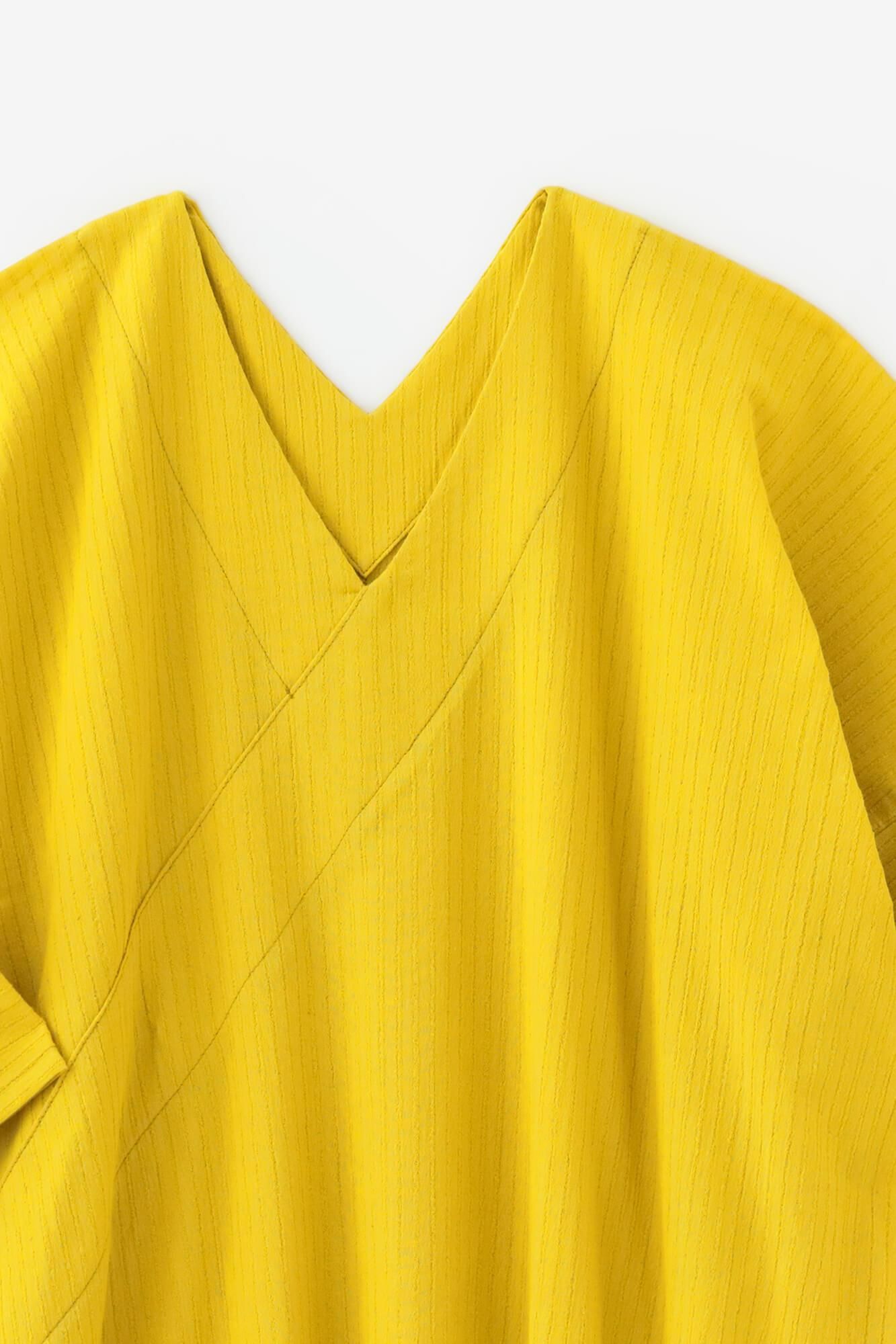 Chizimi Cotton 40/20 Akiha V-neck Rectangular Dress Three-quarter Sleeve / Canary Color