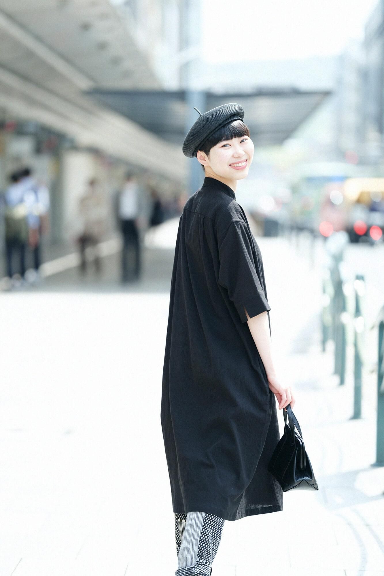 Chizimi Cotton 20/20 HN Gran Shirt Dress Elbow Length Sleeve / Black