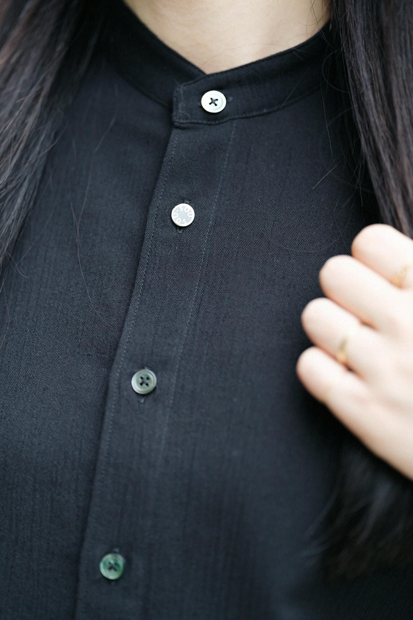 高島縮棉 20/20立領短袖襯衫 SP /黑色