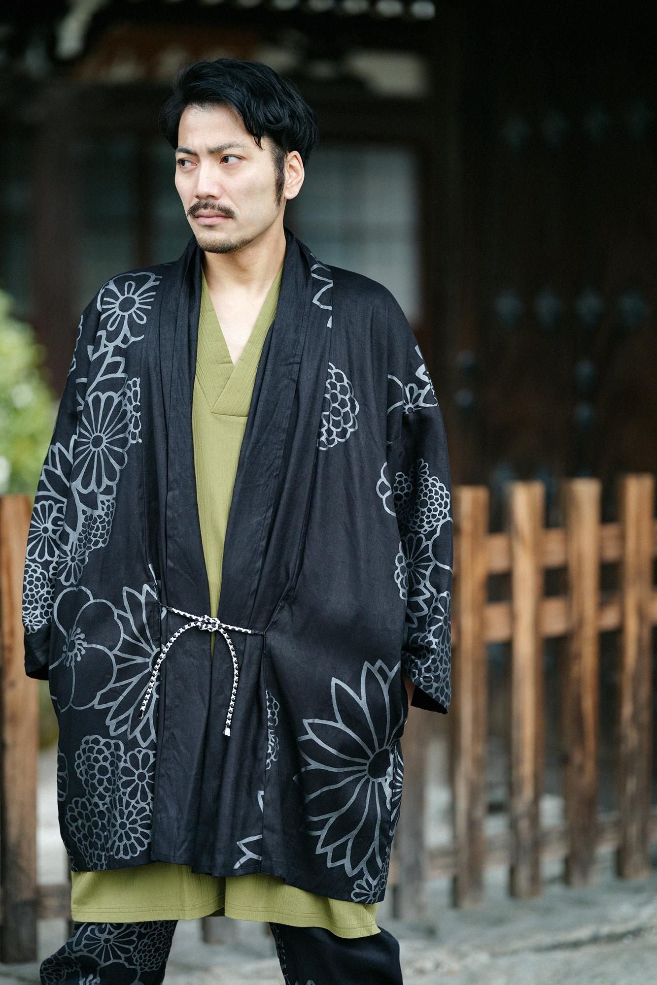 【net limited】Linen Stretch Denim Triangular Sleeve Short Coat Single Layer / Gold Damask Black