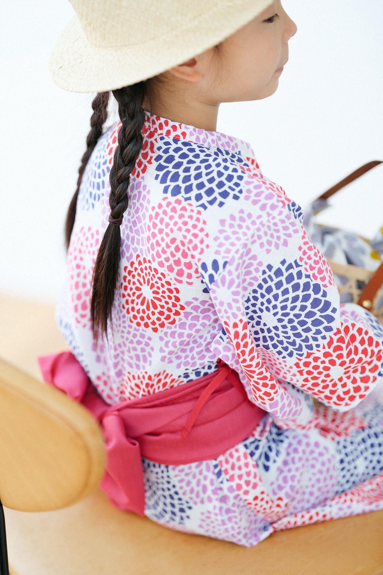 ● Isemomen Cotton Kids Yukata (with Belt) / Chrysanthemum White
