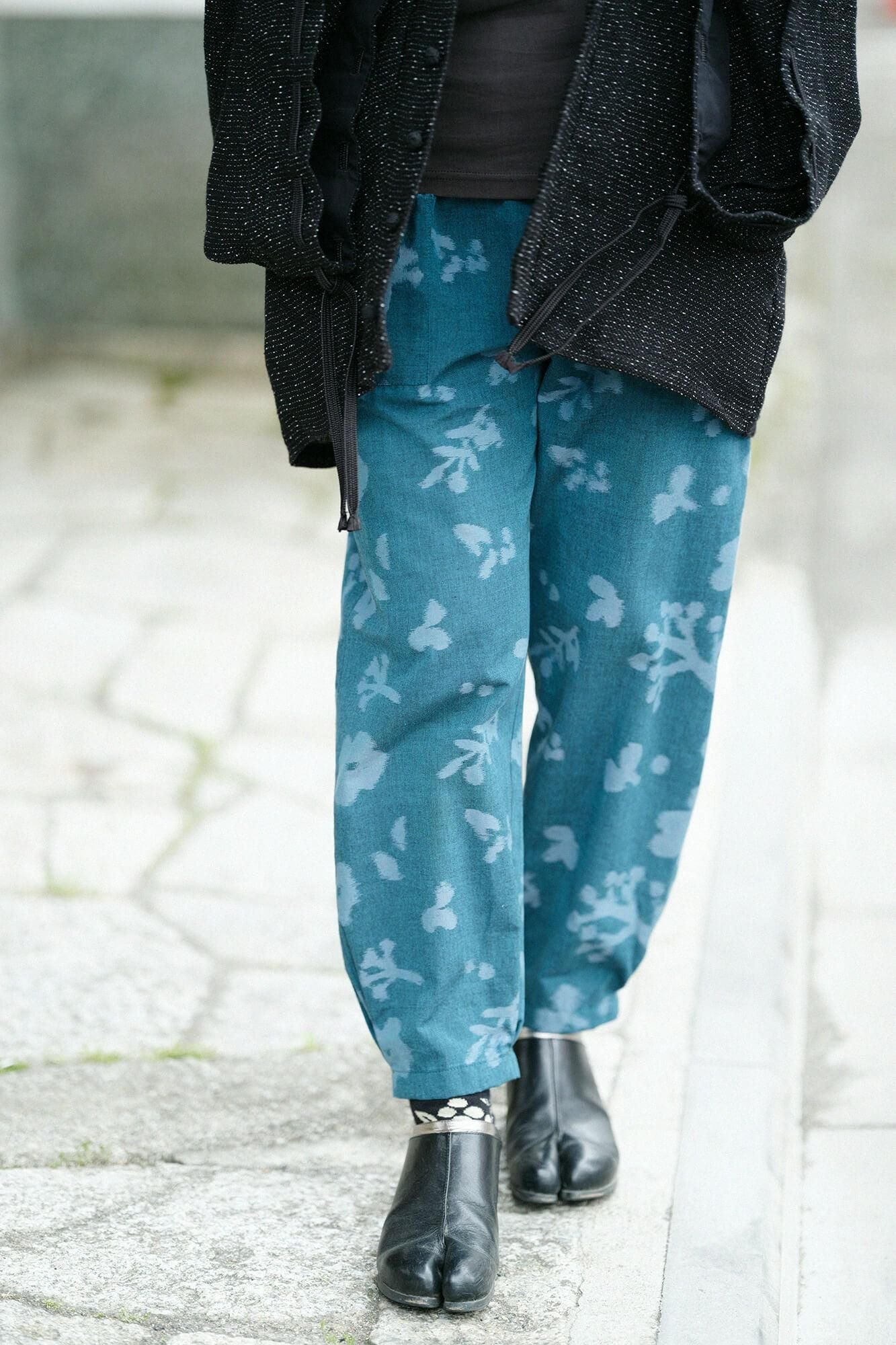 Monpe Workers Pants Kurume Kasuri Monpe / Rural Woodland Marine Green