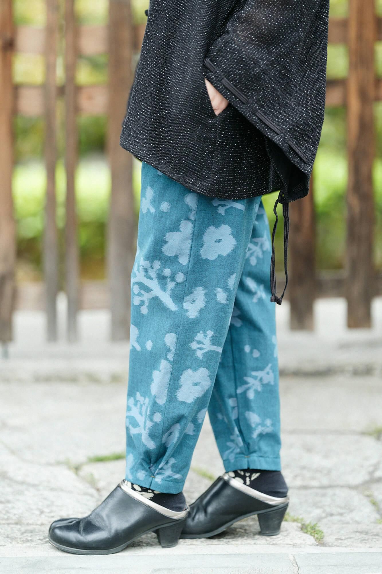 Monpe Workers Pants Kurume Kasuri Monpe / Rural Woodland Marine Green