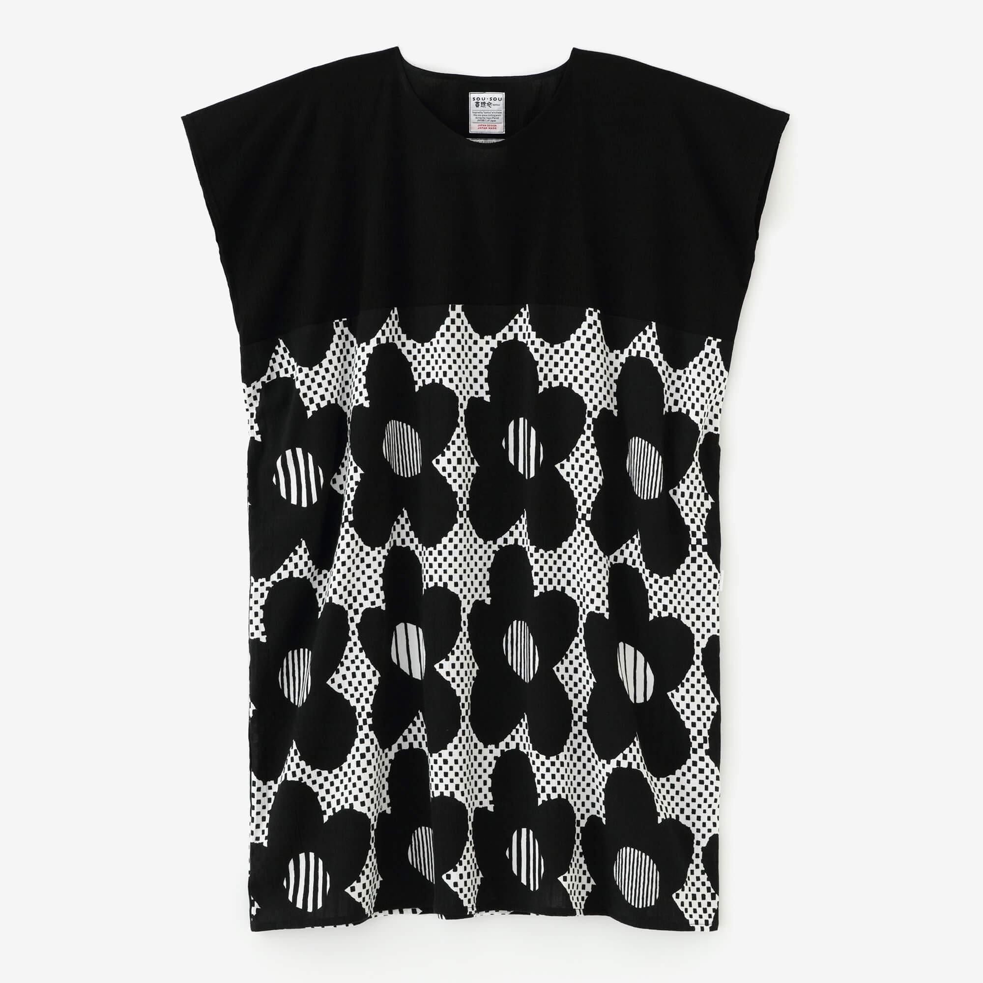 Chizimi Cotton 20/20 Rectangular Dress Bi-color Pattern on Hem / Black × Floral Pattern