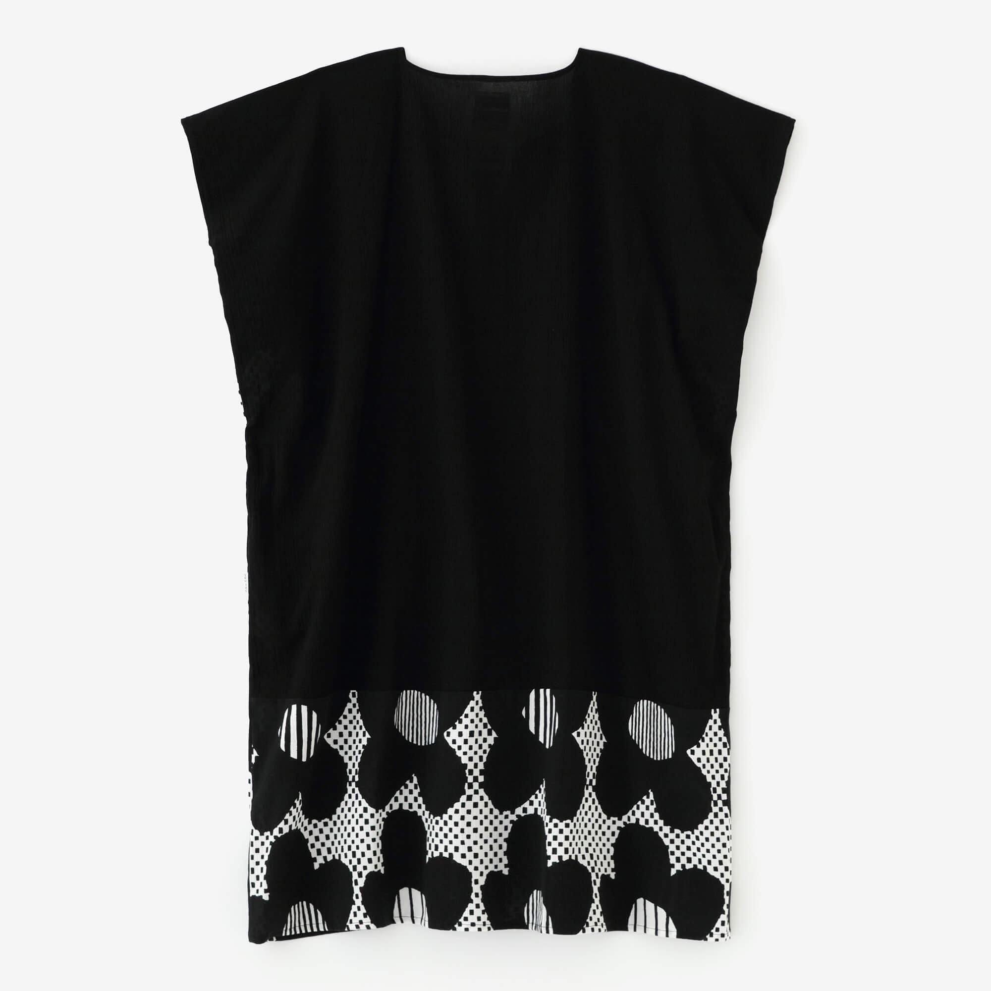Chizimi Cotton 20/20 Rectangular Dress Bi-color Pattern on Hem / Black × Floral Pattern