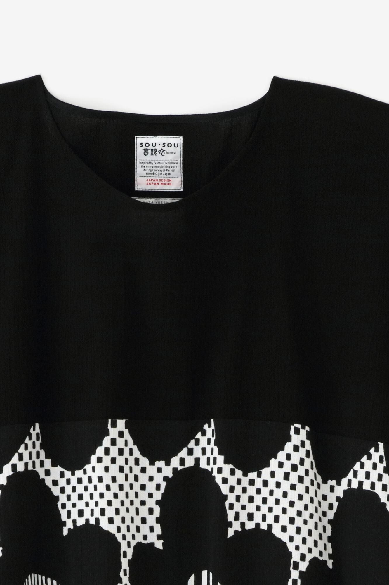 Chizimi Cotton 20/20 Rectangular Dress Bi-color Pattern on Hem / Black × Floral Pattern