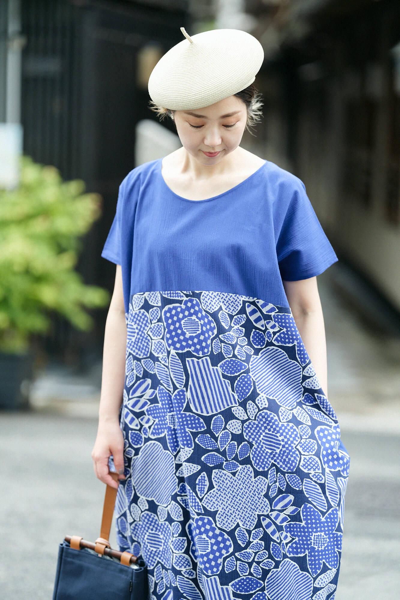 高島縮棉 20/20 長方形洋裝 雙色 下襬圖案/寶藍色×開朗