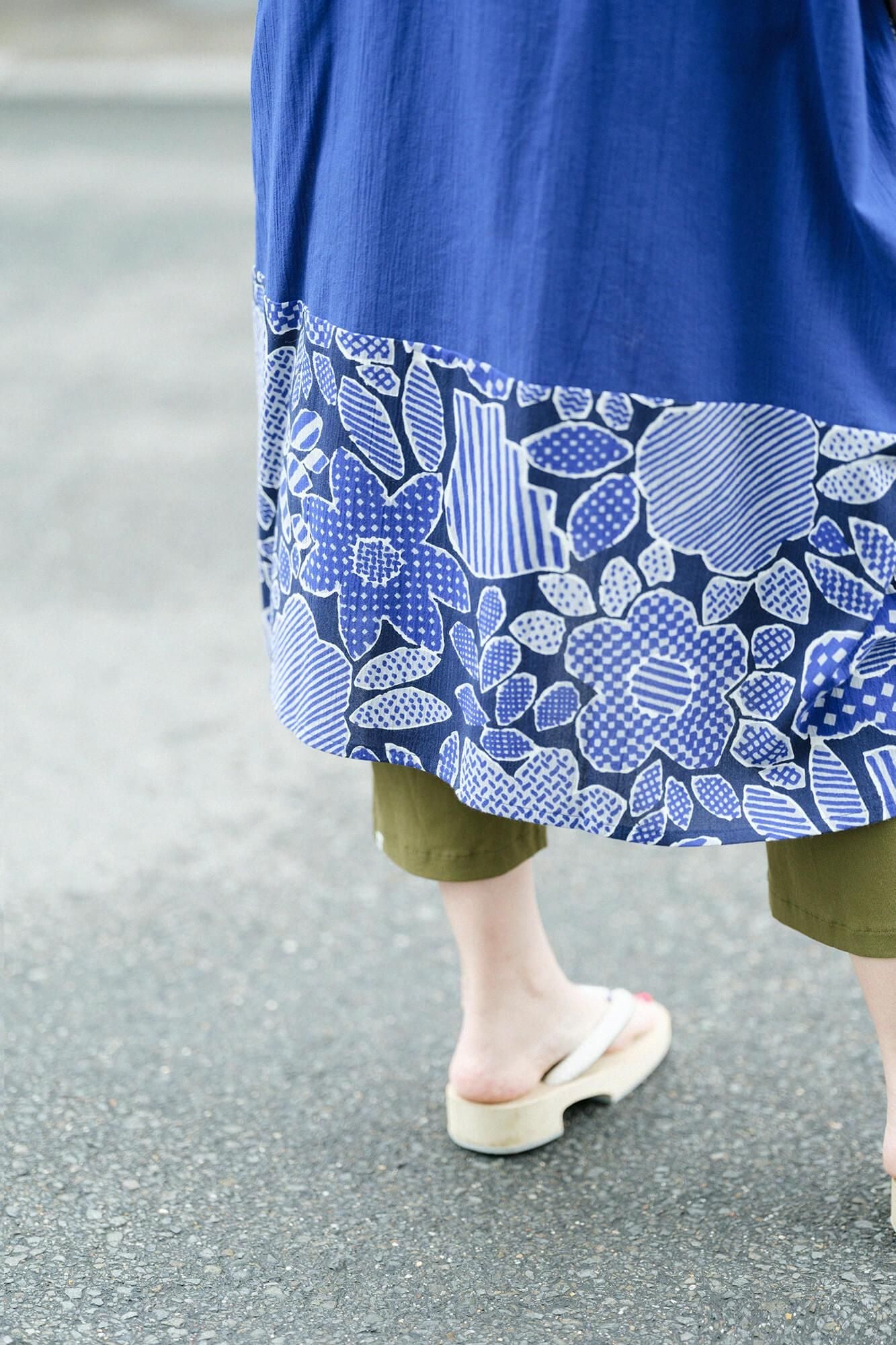 高島縮棉 20/20 長方形洋裝 雙色 下襬圖案/寶藍色×開朗