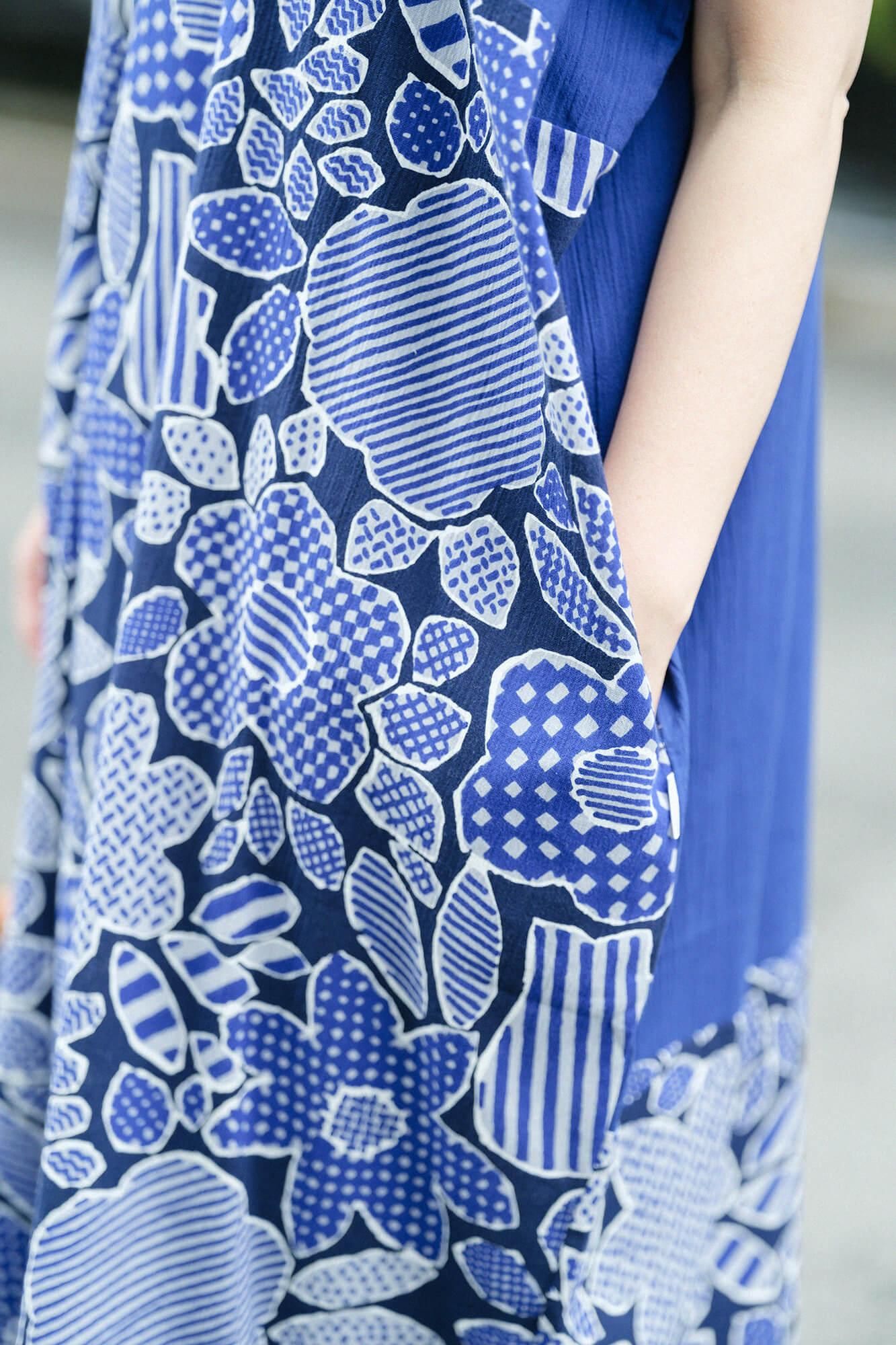 高島縮棉 20/20 長方形洋裝 雙色 下襬圖案/寶藍色×開朗